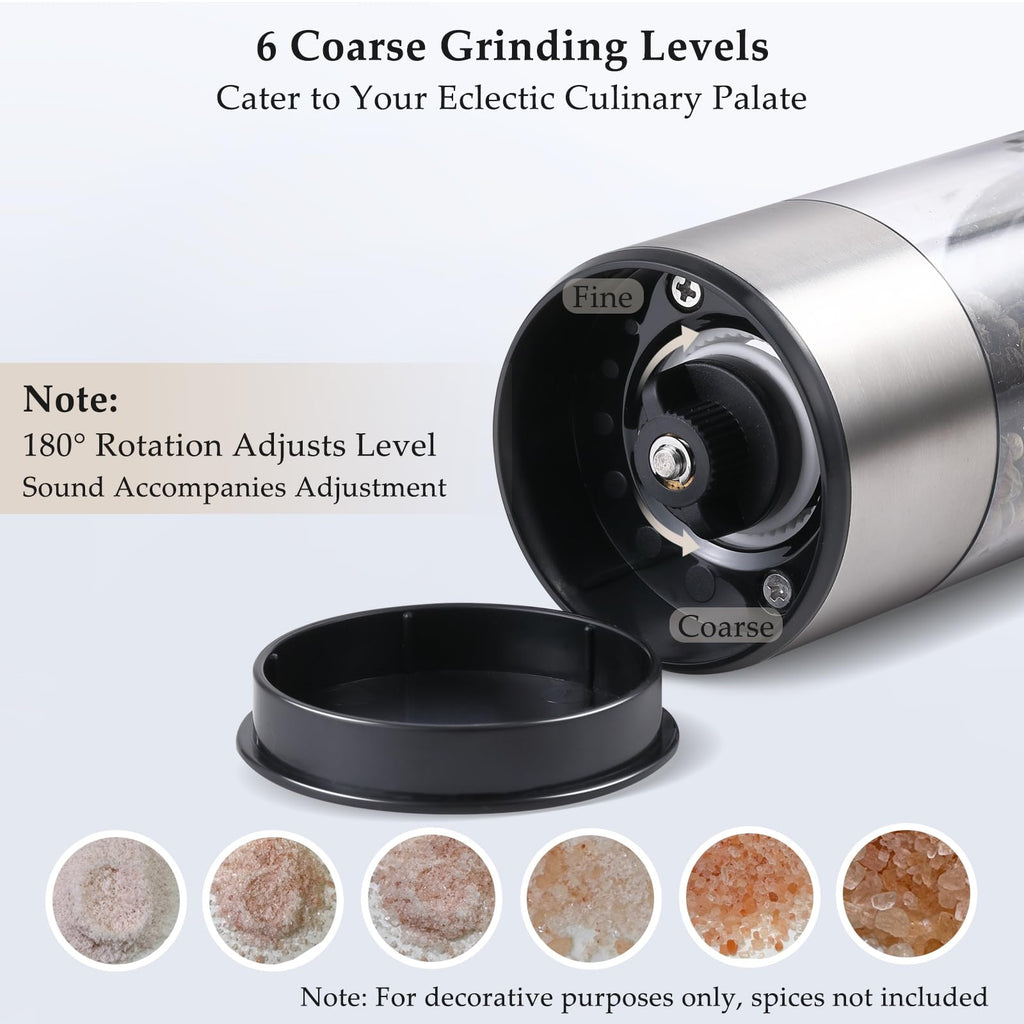 Electric Salt and Pepper Grinder Set, USB Rechargeable, Automatic Salt and Pepper Mill Grinder with Adjustable Coarseness, Electric Salt Shakers, LED Light, Refillable (2 Packs, Black)