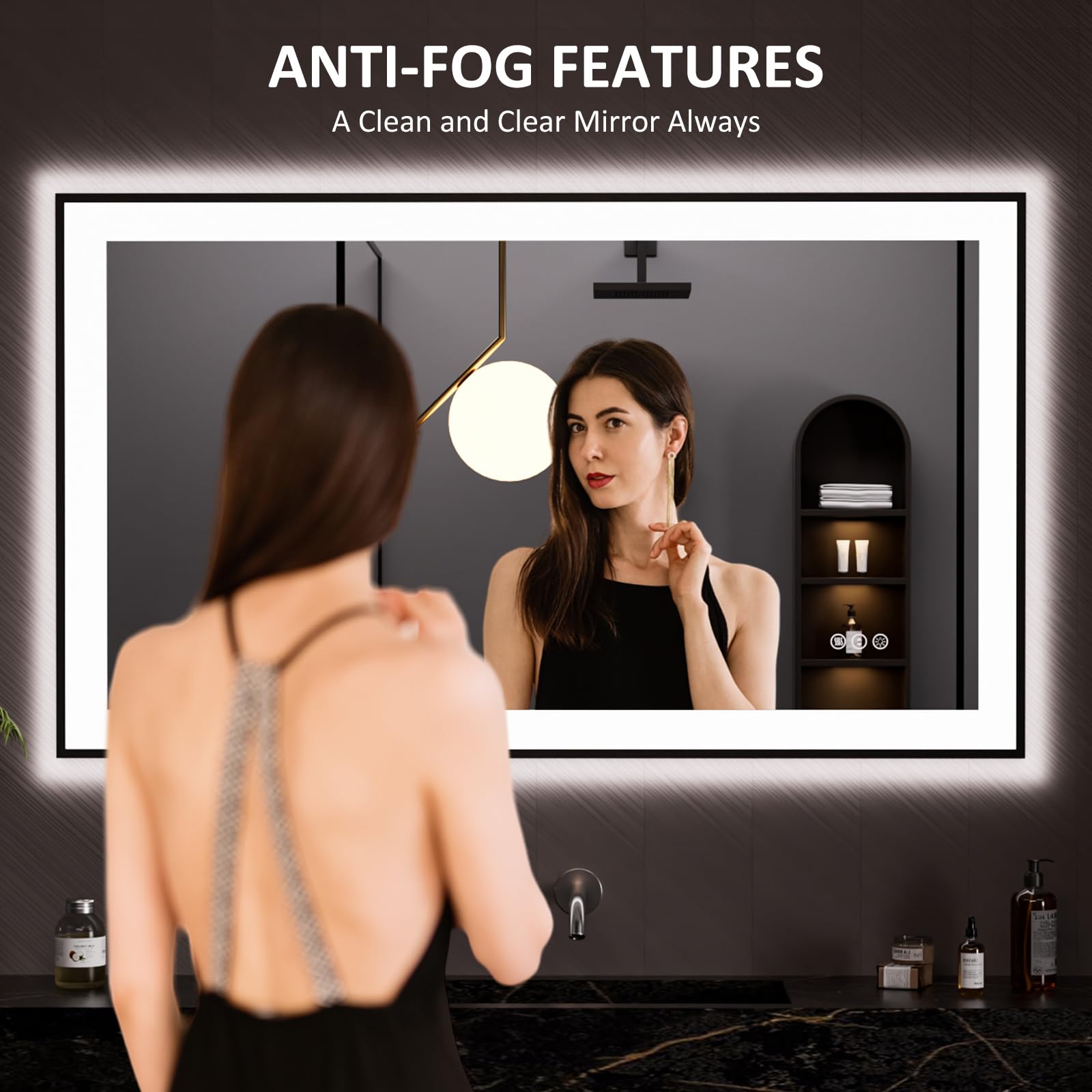 LOAAO 20"X28" LED Bathroom Mirror Black Framed | Anti-Fog, Dimmable, Memory Function, Tempered Glass, Lighted Vanity Mirror for Wall