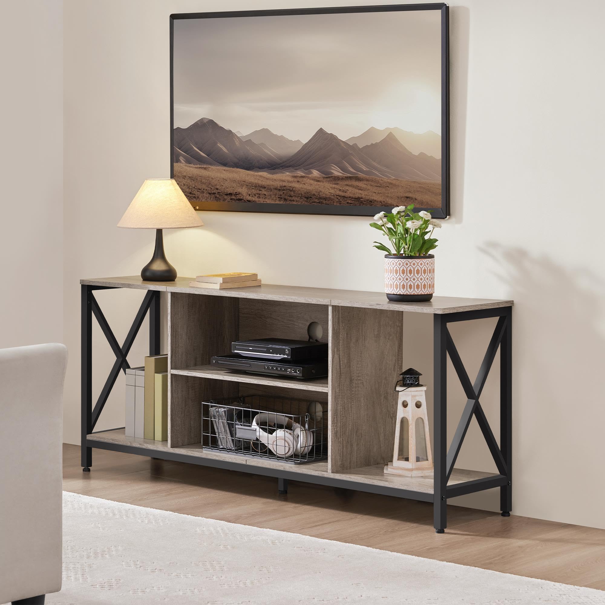 Yaheetech Industrial TV Stand for 55 Inch TV, Entertainment Center Media Console Table with Open Storage for Living Room, Wood Modern Furniture, Gray