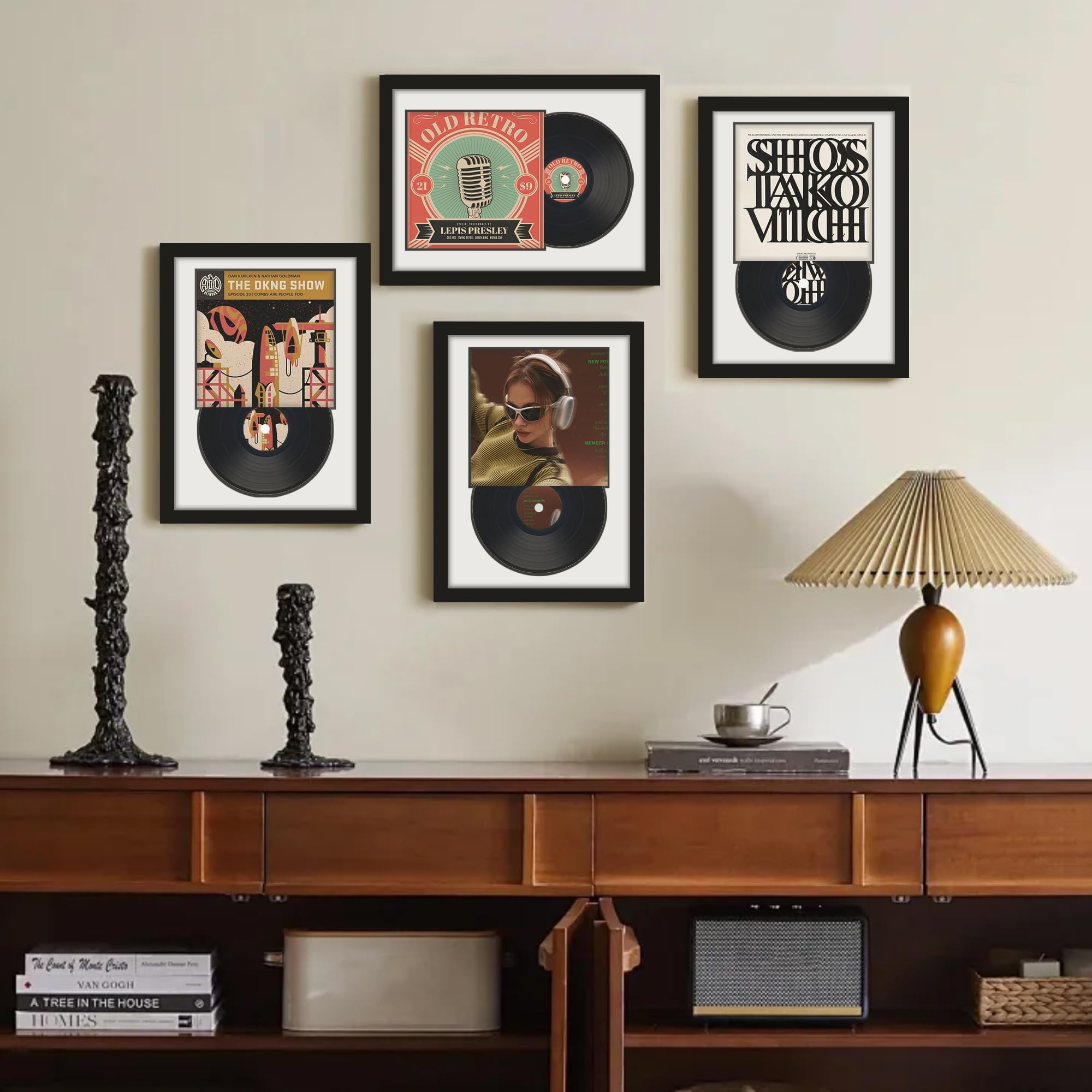 DUENPY Vinyl Record Display Frame 16x22 Inches Display Record Album and 12.5x12.5 Album Cover Art（Black Bottom Mat） Wall Mount