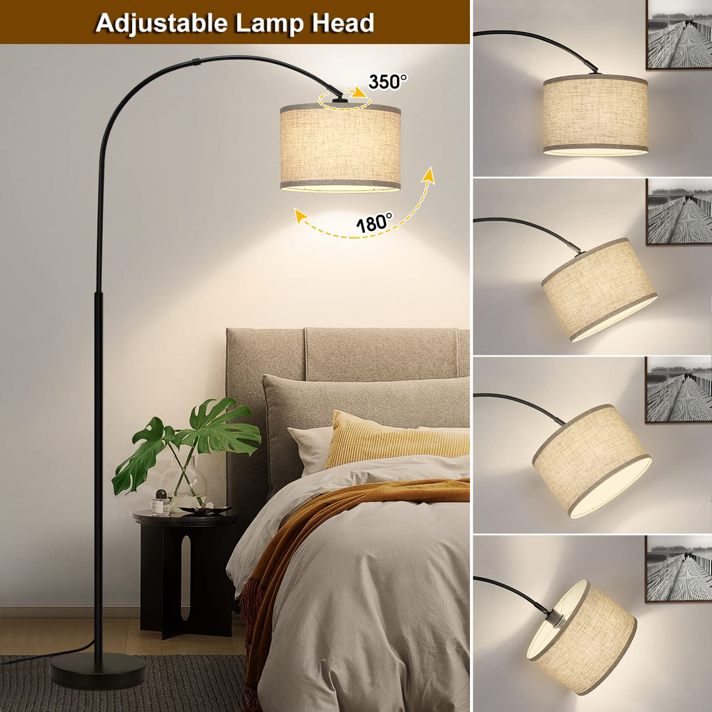 Rattan Floor Lamp, Arc Floor Lamps for Living Room, Farmhouse Standing Lamp with Adjustable Hanging Fabric Shade, Tall Pole Lamp with Foot Switch, Over Couch Arched Reading Light for Bedroom, Office