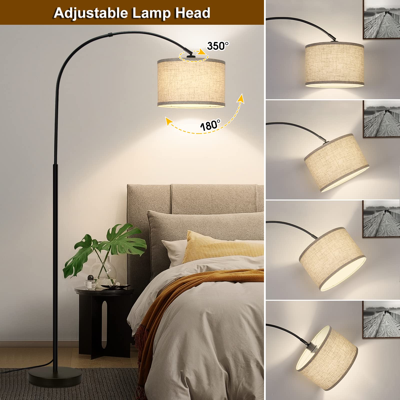 Rattan Floor Lamp, Arc Floor Lamps for Living Room, Farmhouse Standing Lamp with Adjustable Hanging Fabric Shade, Tall Pole Lamp with Foot Switch, Over Couch Arched Reading Light for Bedroom, Office