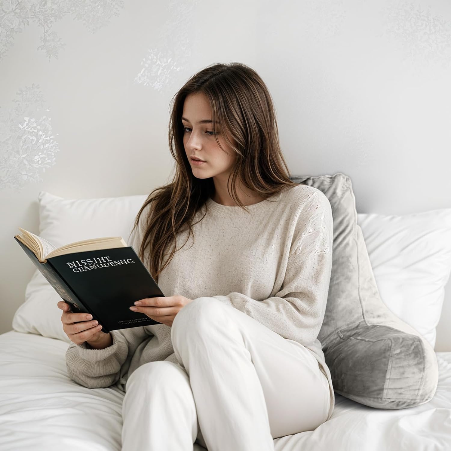 OAISZ Reading Pillow for Sitting in Bed Adult, Reading Pillow with Shredded Memory Foam, Bed Pillow with Washable Cover, Back Pillow Sitting Up with Extend Arms, Beige, X-Large