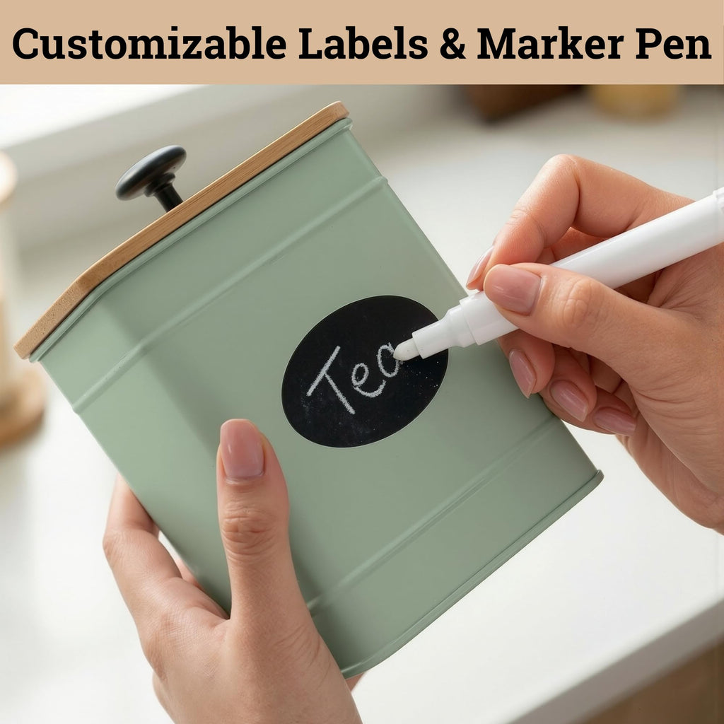 Kitchen Canisters for Countertop Set of 4 w/ Chalkboard Labels & Marker Pen | Airtight Easy Open Bamboo Lids, Dent-Resistant Thick Metal, Customizable Chalkboard Labels, Marker Pen Included, Set of 4