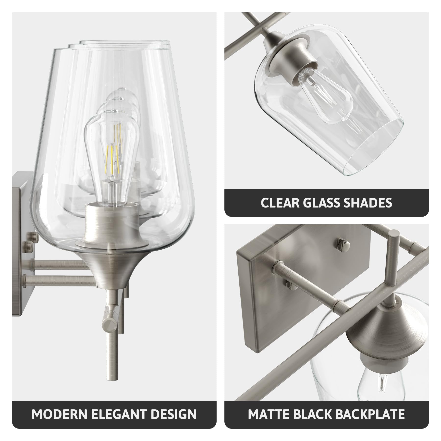 VONLUCE Bathroom Vanity Light, 2 Light Bathroom Light Fixture Over Mirror, Bathroom Wall Lamp with Clear Glass, Modern Brushed Nickel Vanity Lighting fixtures for Bathroom, Bedroom, Hallway