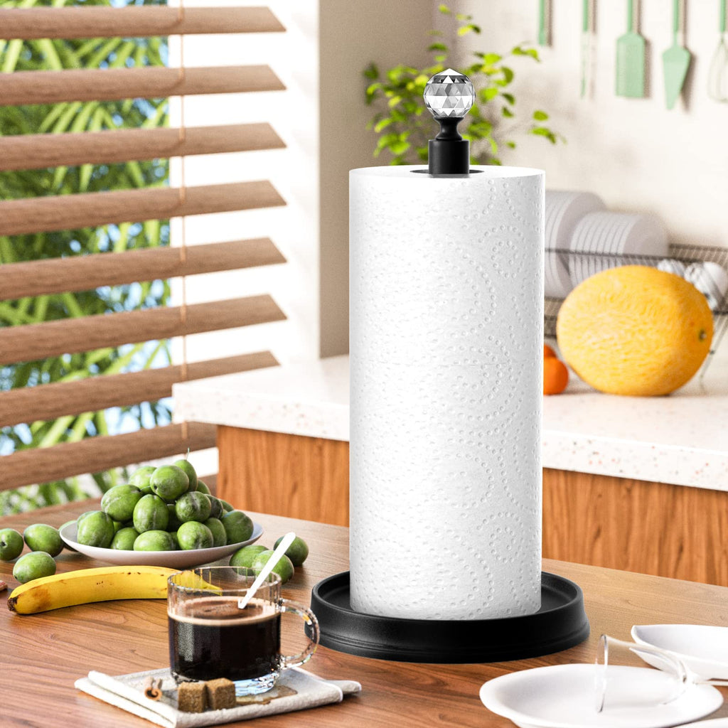 KASUNTO Paper Towel Holder with Crystal Ball - Steel Countertop Stand, Fits Standard & Jumbo Rolls, Brushed Nickel