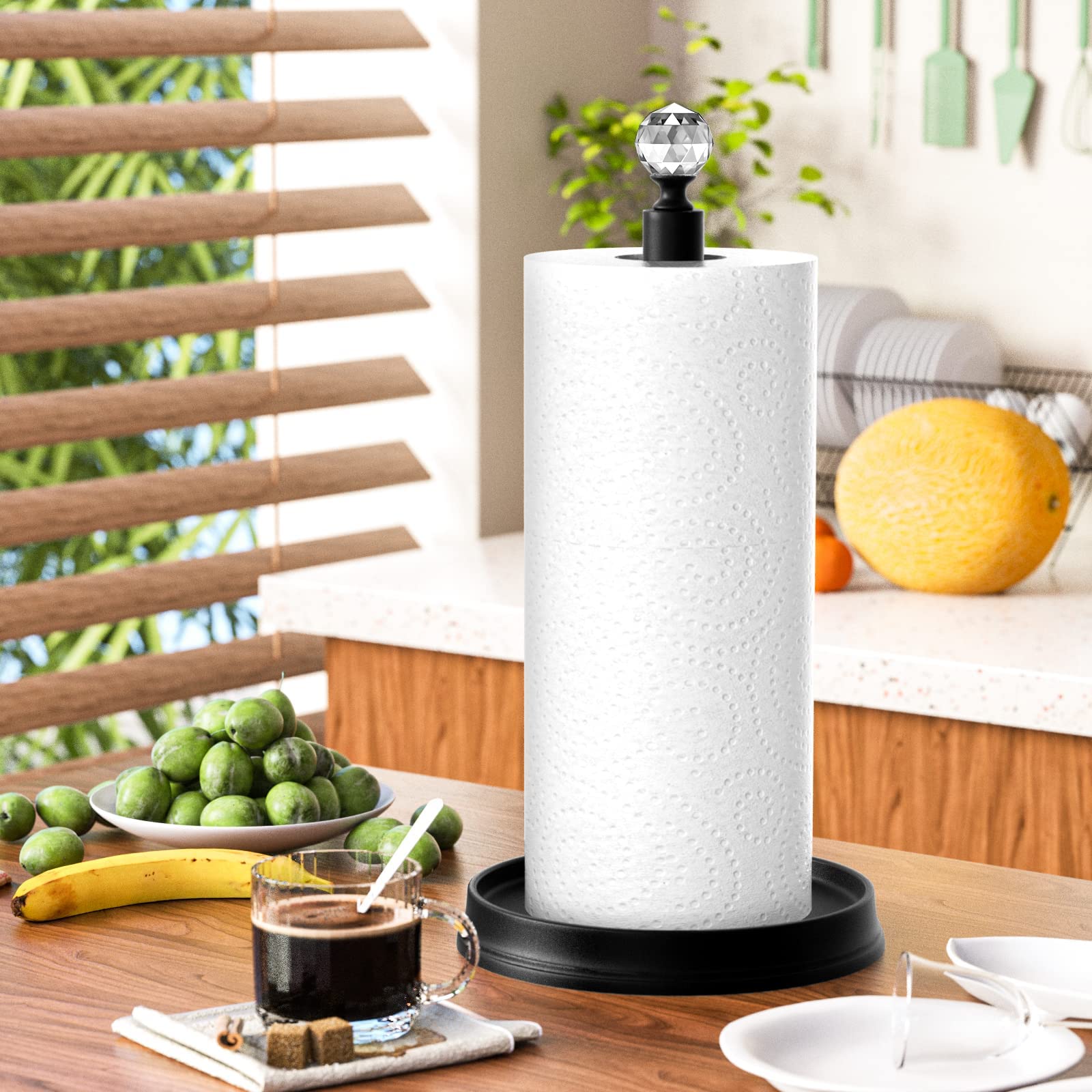 KASUNTO Paper Towel Holder with Crystal Ball - Steel Countertop Stand, Fits Standard & Jumbo Rolls, Brushed Nickel