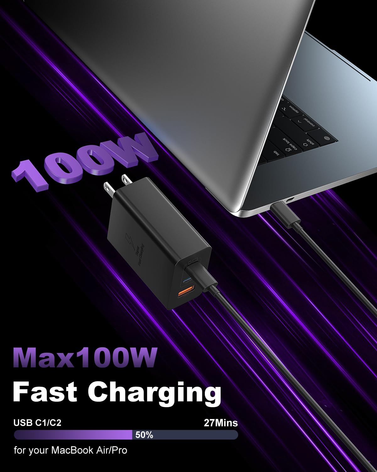 USB C Super Fast Phone Charger 100W, 65W GaN Type C Charger Fast Charging Block with 10ft USB C Charging Cable for Samsung Galaxy S26 Ultra/S26/S26+,MacBook Pro/Air,iPhone/iPad Pro[2 Pack]-Black