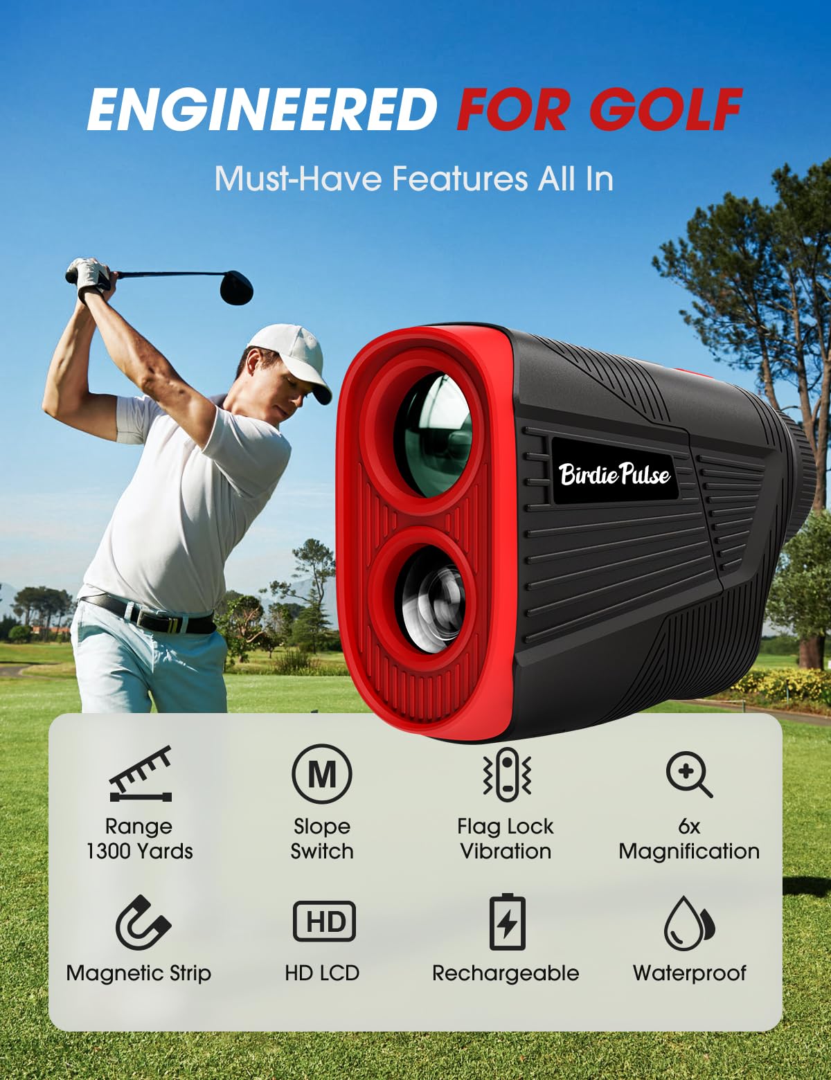 Golf Rangefinder with Slope & Magnet，1300 Yards Range Finder for Golf，Flag Locking Vibration，6-6.5X Magnification & HD LCD，Rechargeable Golf Range Finder，Black
