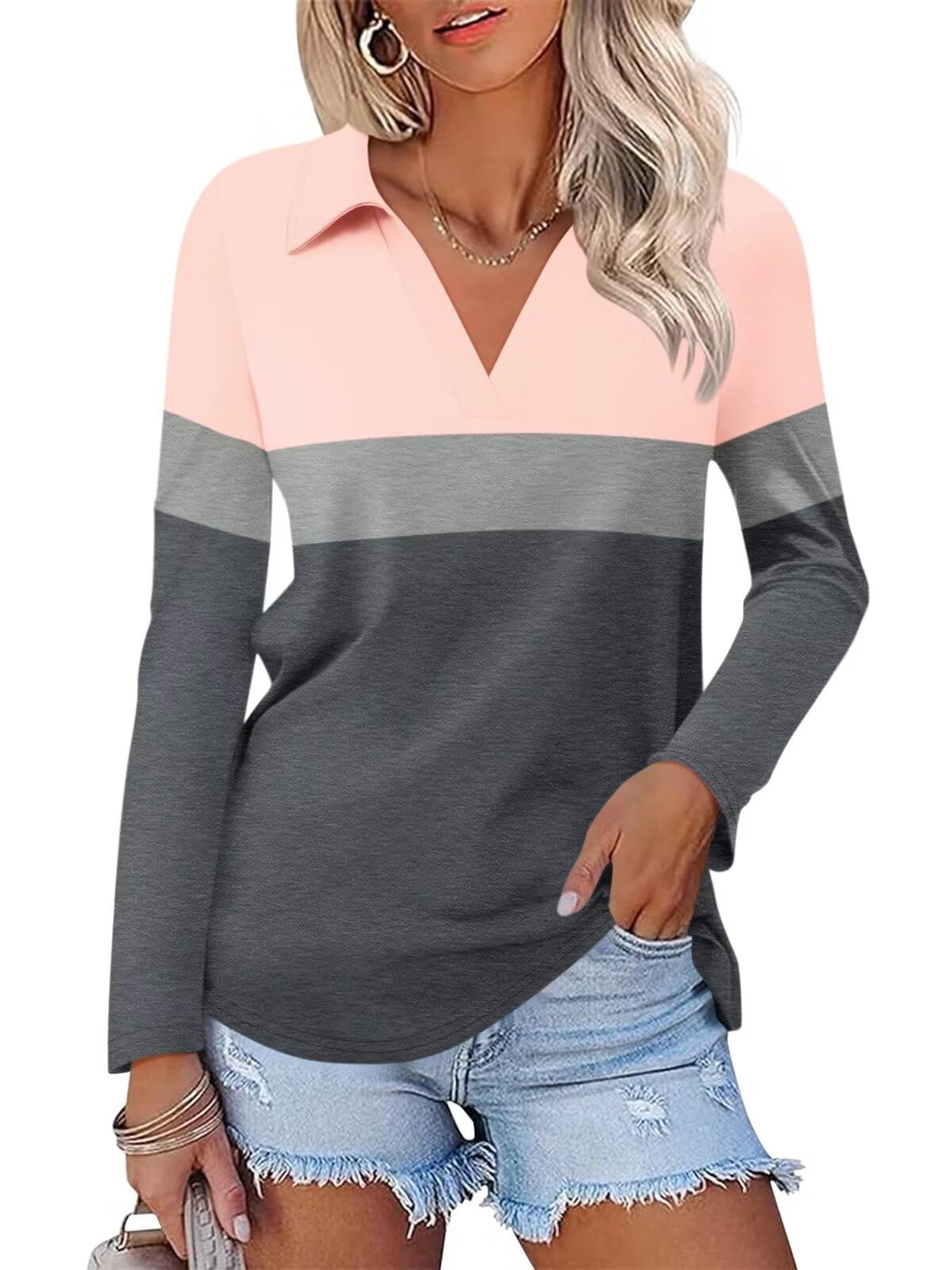 ORANDESIGNE Women's Long Sleeve Polo Shirts Casual Color Block V Neck Tops Fall Collar Ladies Tunics Tees