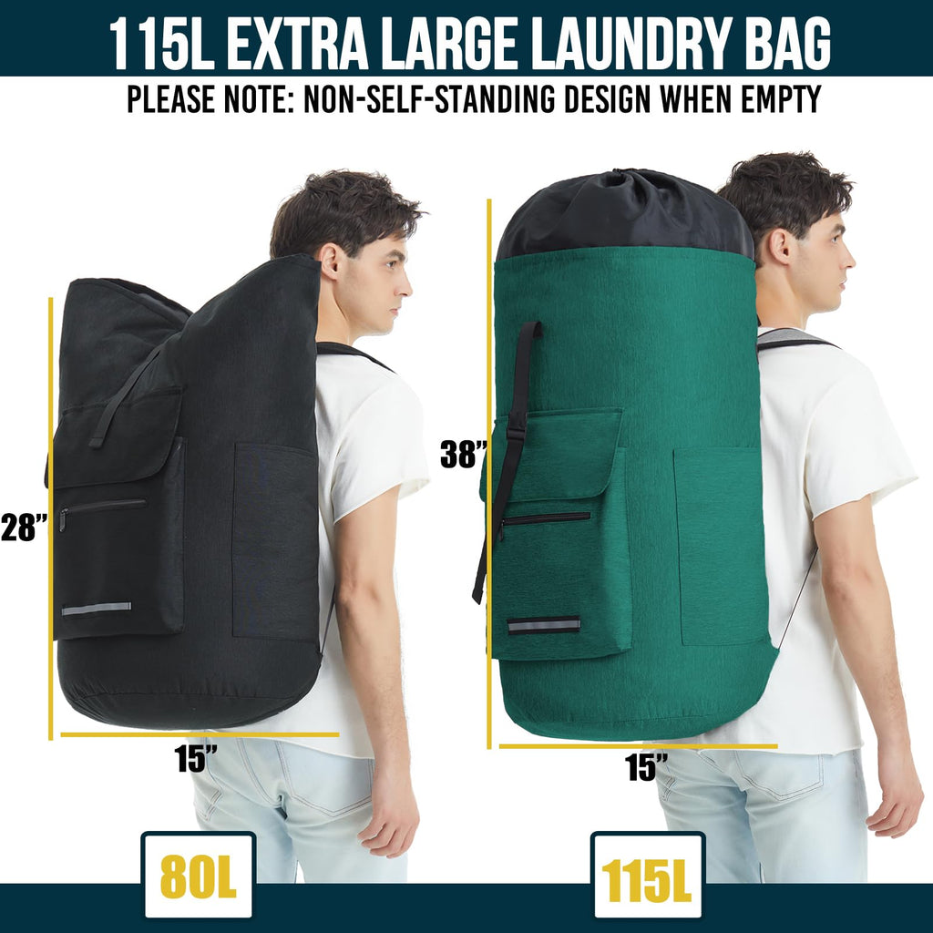 Laundry Bag Extra Large 115L, Laundry Backpack Bag, Laundry Bags Extra Large Heavy Duty, Laundry Bag with Straps, Clothes Hamper Bags with 4 Pockets, College Laundromat Backpack for Dorm Room