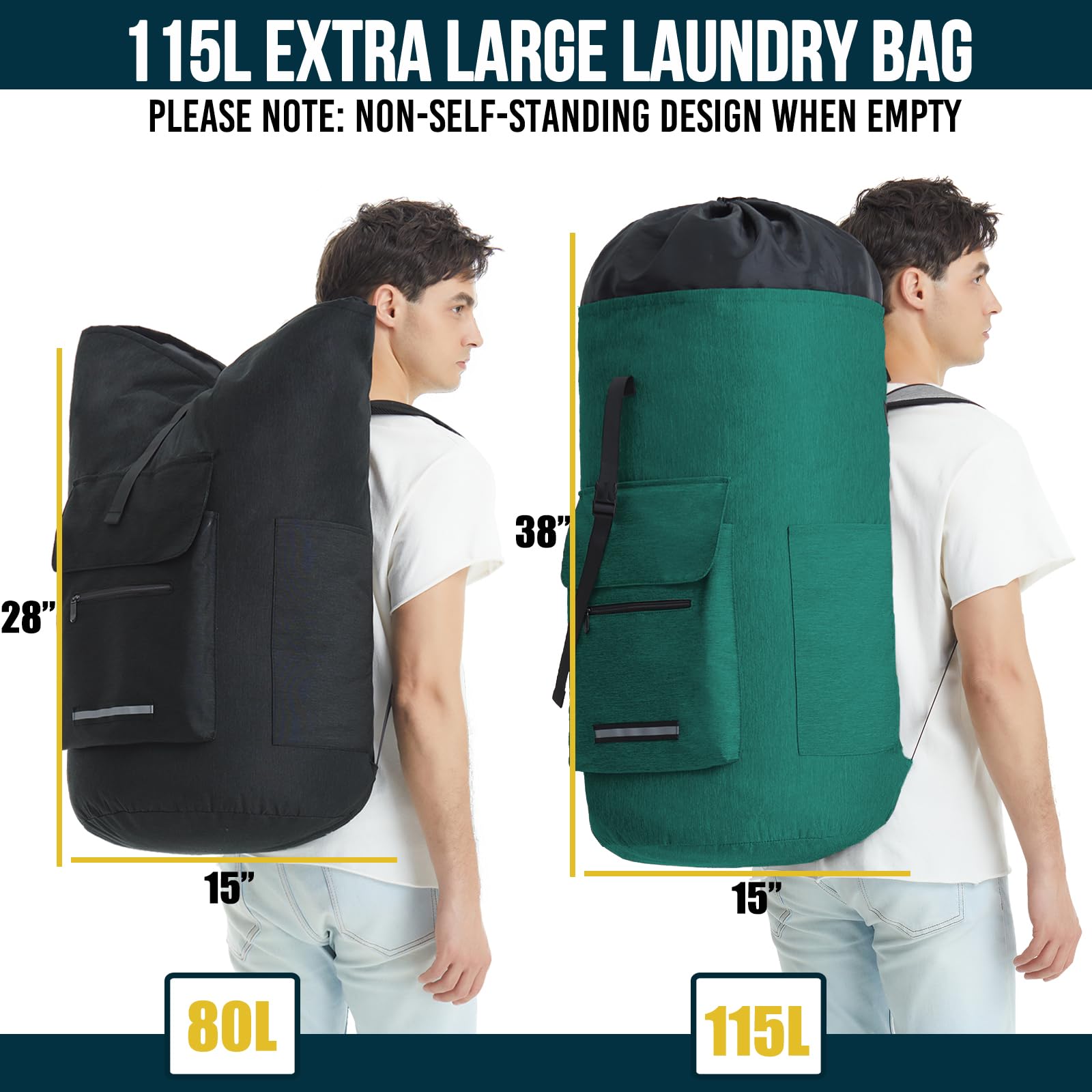 Laundry Bag Extra Large 115L, Laundry Backpack Bag, Laundry Bags Extra Large Heavy Duty, Laundry Bag with Straps, Clothes Hamper Bags with 4 Pockets, College Laundromat Backpack for Dorm Room