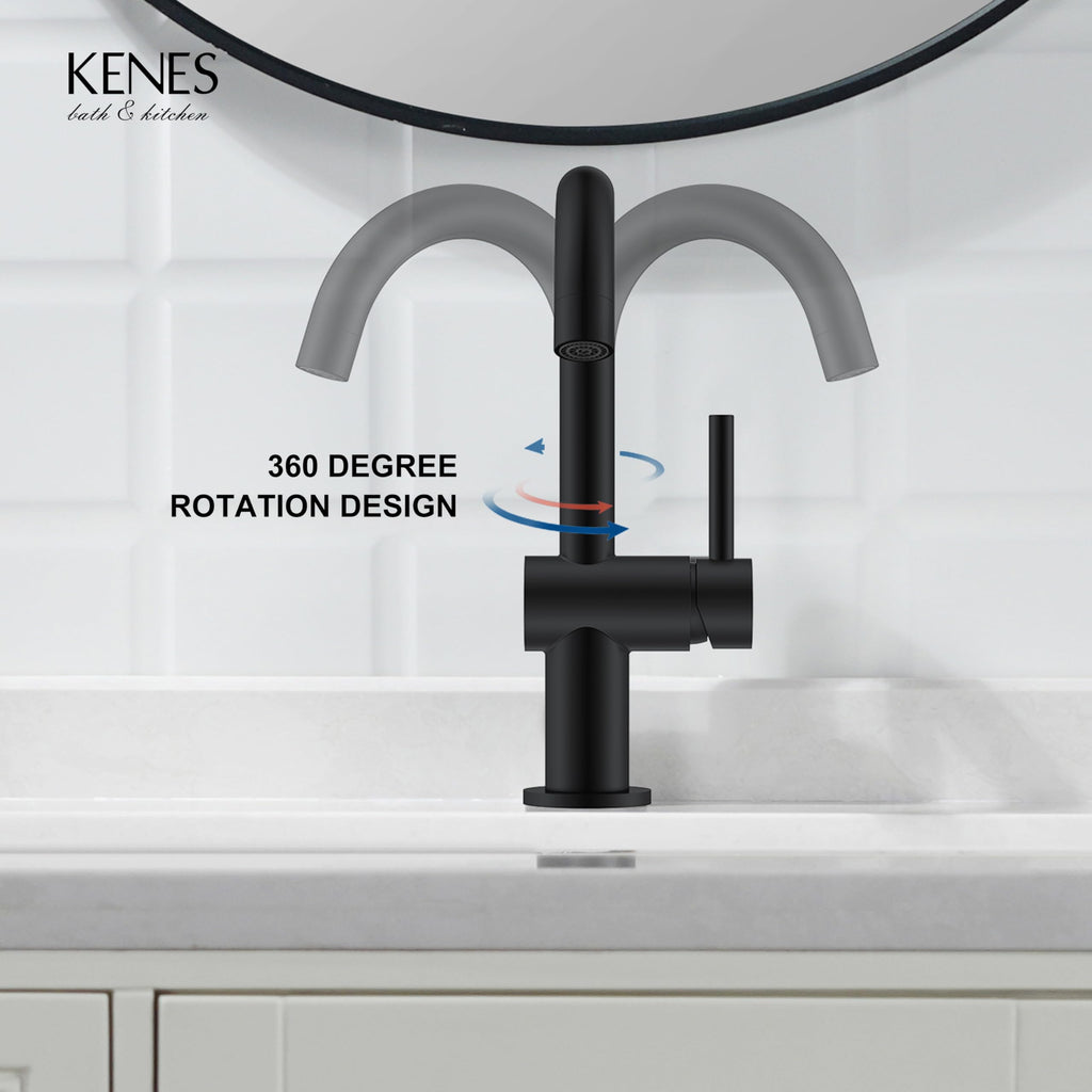 KENES Black and Gold Single Handle Bathroom Sink Faucet, Modern Prep Wet Bar Sink Faucet with Drain Assembly & Deck Plate, Vanity Faucets for Farmhouse RV Camper Utility, KE-9005B-BG