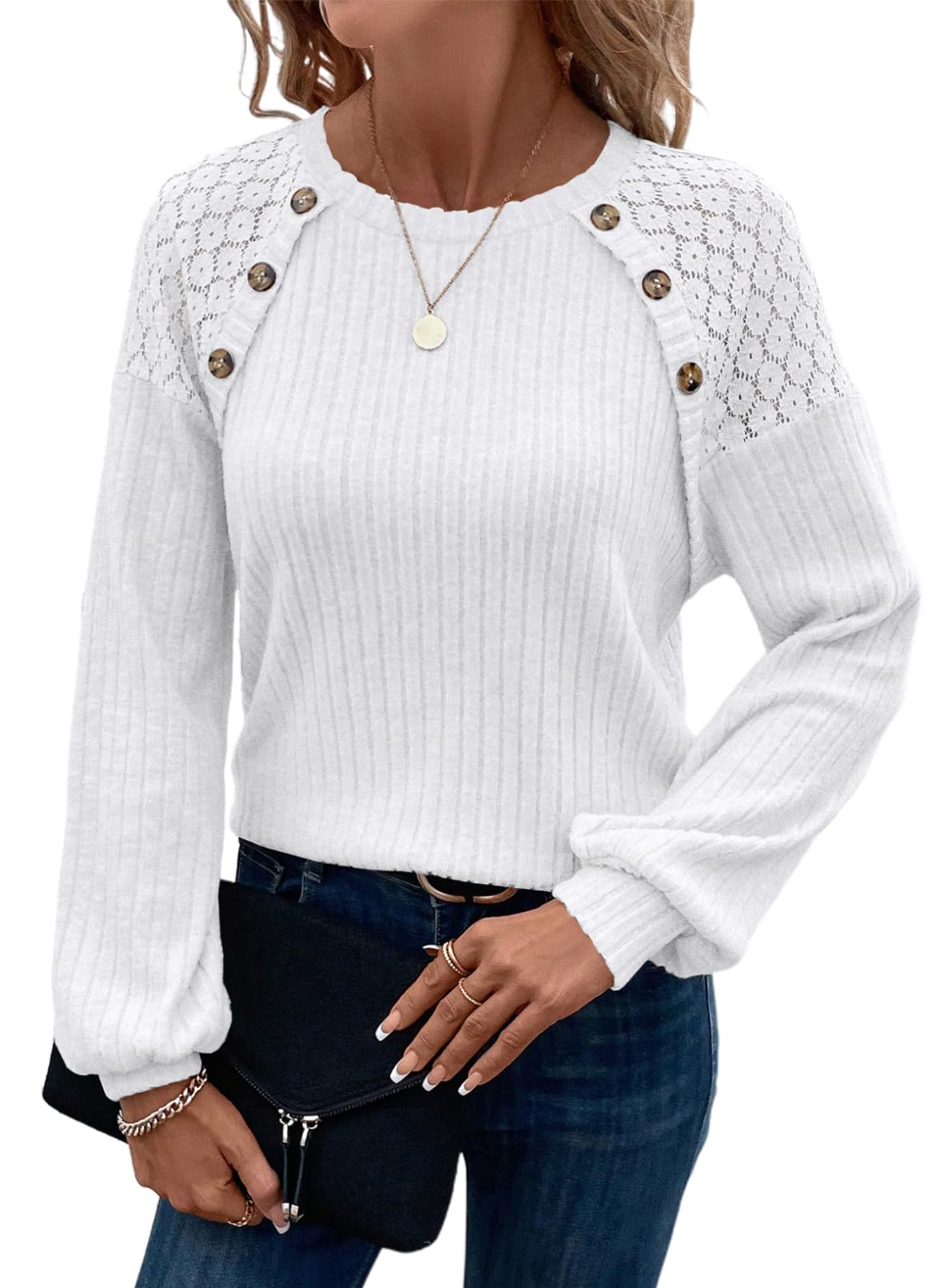 Acelitt Womens Fall Long Sleeve Tunic Tops Casual Crew Neck Dressy Shirt Lace Patchwork Blouses Pullover Sweaters