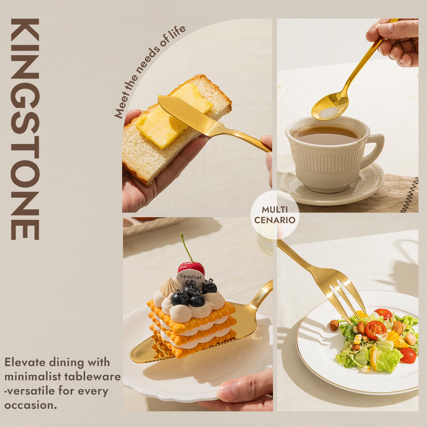 KINGSTONE Large Hostess Gold Serving Utensils Set,18/10 Stainless Steel Heavy Duty 10inch Serving Spoons,Slotted Spoons,Serving Fork,Serving Tongs, Cake Pie Server For Buffet, Wedding, Party