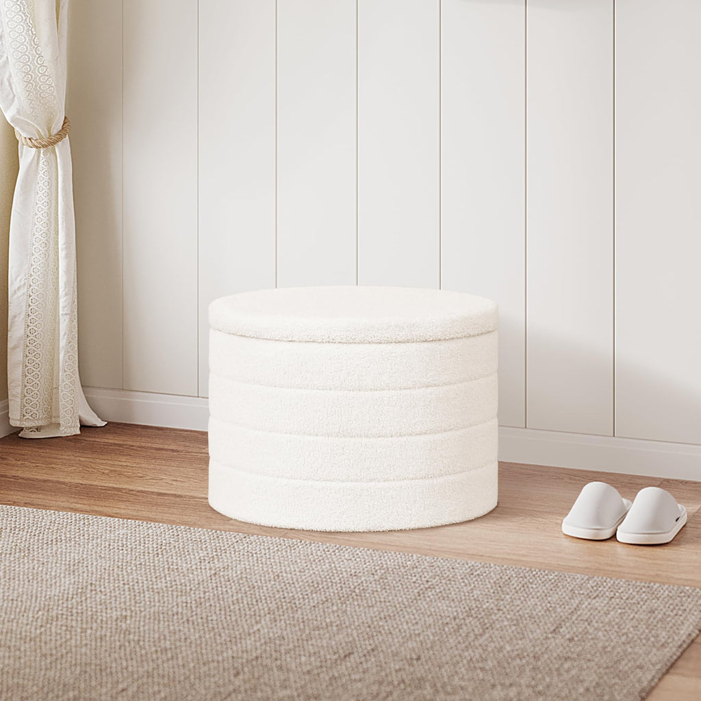 PINPLUS Round Storage Ottoman Foot Rest Stool with Tray Velvet Sherpa Folding Storage Ottoman,Boucle Foot Rest for Living Room, Bedroom, Dorm（Beige）