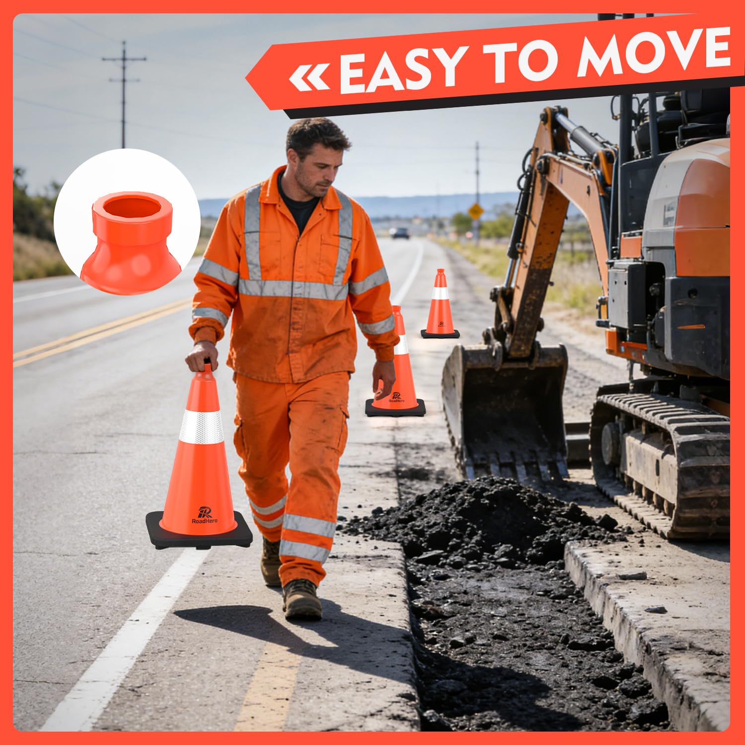 RoadHero 4 Pack Traffic Safety Cones 18 Inch with Black Weighted Base, Plastic PVC Cone, Orange Cones with Reflective Collar, Cones for Parking Lot, Construction Events, Road Safety
