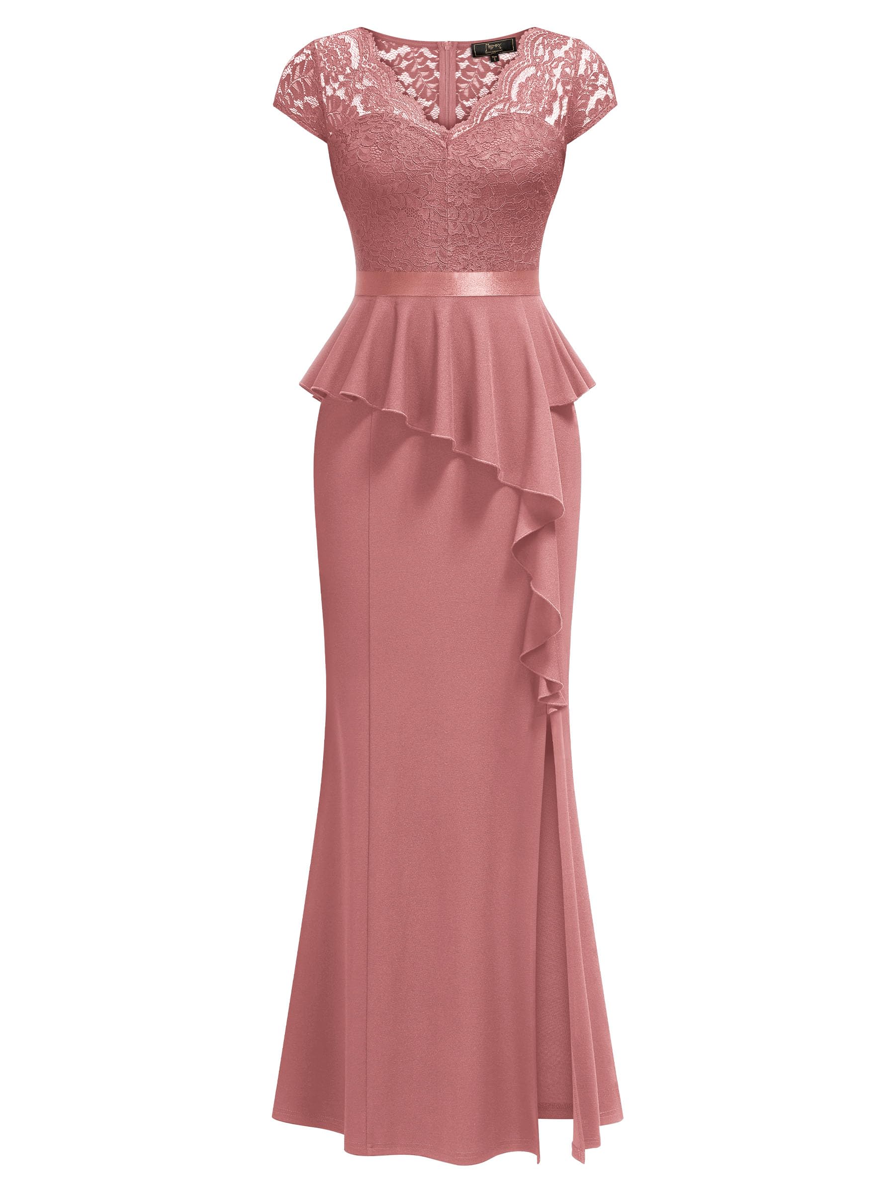 MISSMAY Women's Elegant Floral Lace Ruffle Split Cocktail Party Long Dress