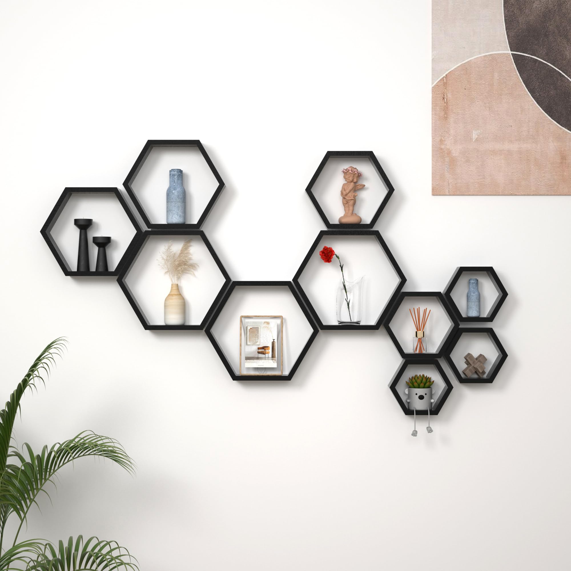 WONFUlity Hexagon Shelves for Wall Mounted, Wood Farmhouse Storage Honeycomb Floating Shelves for Wall Decor,Screws Anchors Included,5pc