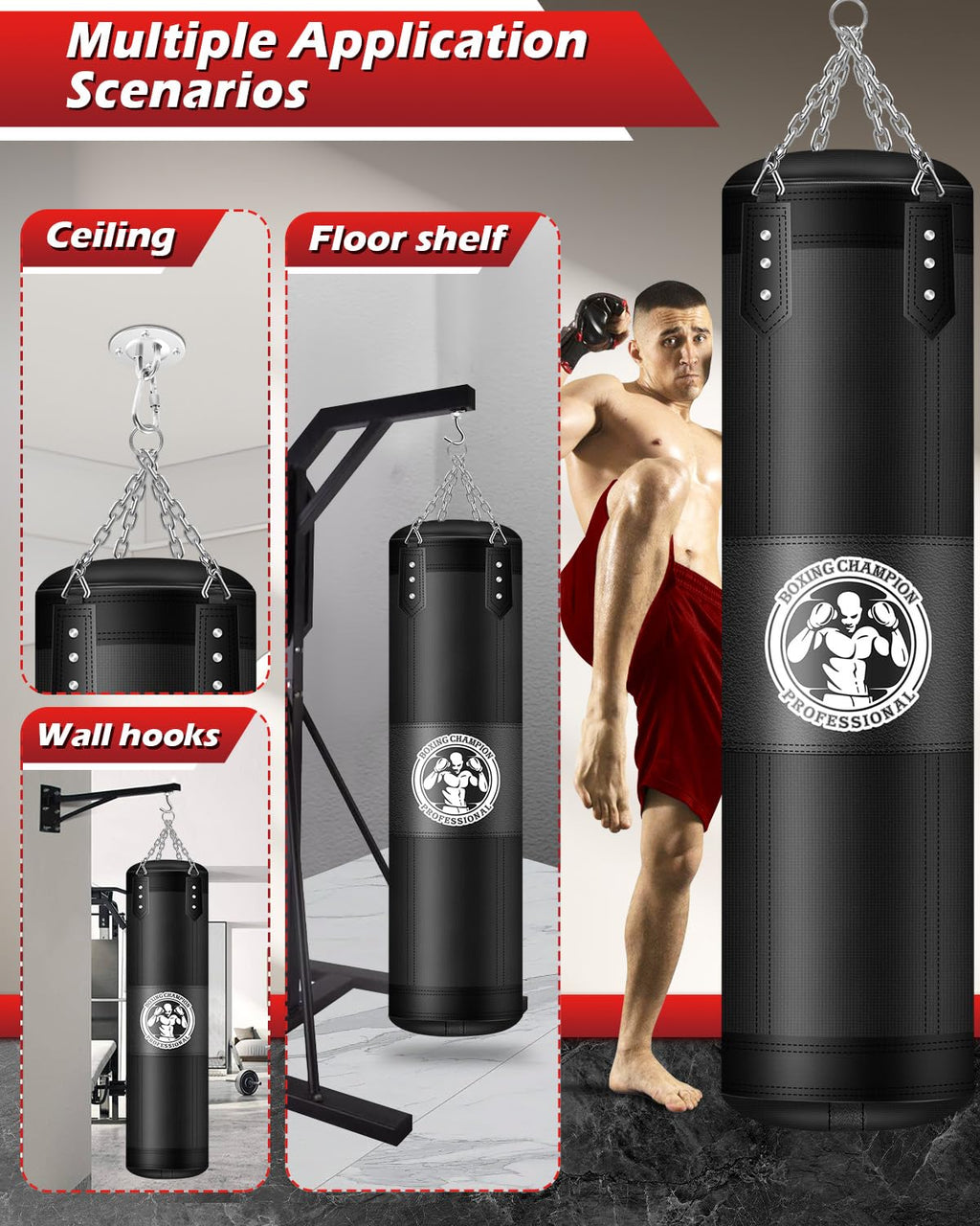 YORWHIN Punching Bag for Adults, 4FT PU Heavy Boxing Bags with Chain Ceiling Hook, Hanging Boxing Bag for Kickboxing Muay Thai Karate Judo Taekwondo Home Gym Training, Unfilled