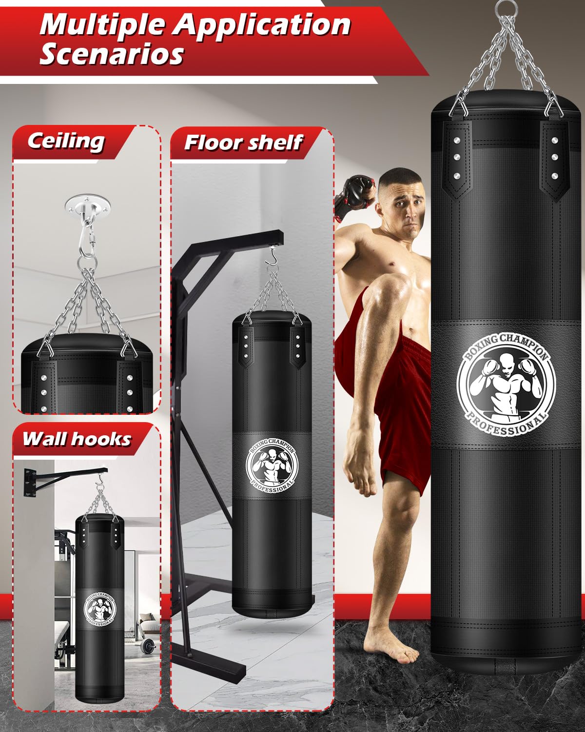 YORWHIN Punching Bag for Adults, 4FT PU Heavy Boxing Bags with Chain Ceiling Hook, Hanging Boxing Bag for Kickboxing Muay Thai Karate Judo Taekwondo Home Gym Training, Unfilled
