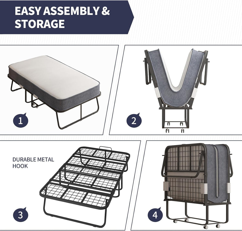Folding Bed, 75" x 51" Rollaway Bed with 5" Thick Memory Foam Mattress for Adults, Queen Size Fold Up Roll Away Sleeping Beds, Space-Saving Foldable Portable Guest Beds with Sturdy Metal Frame