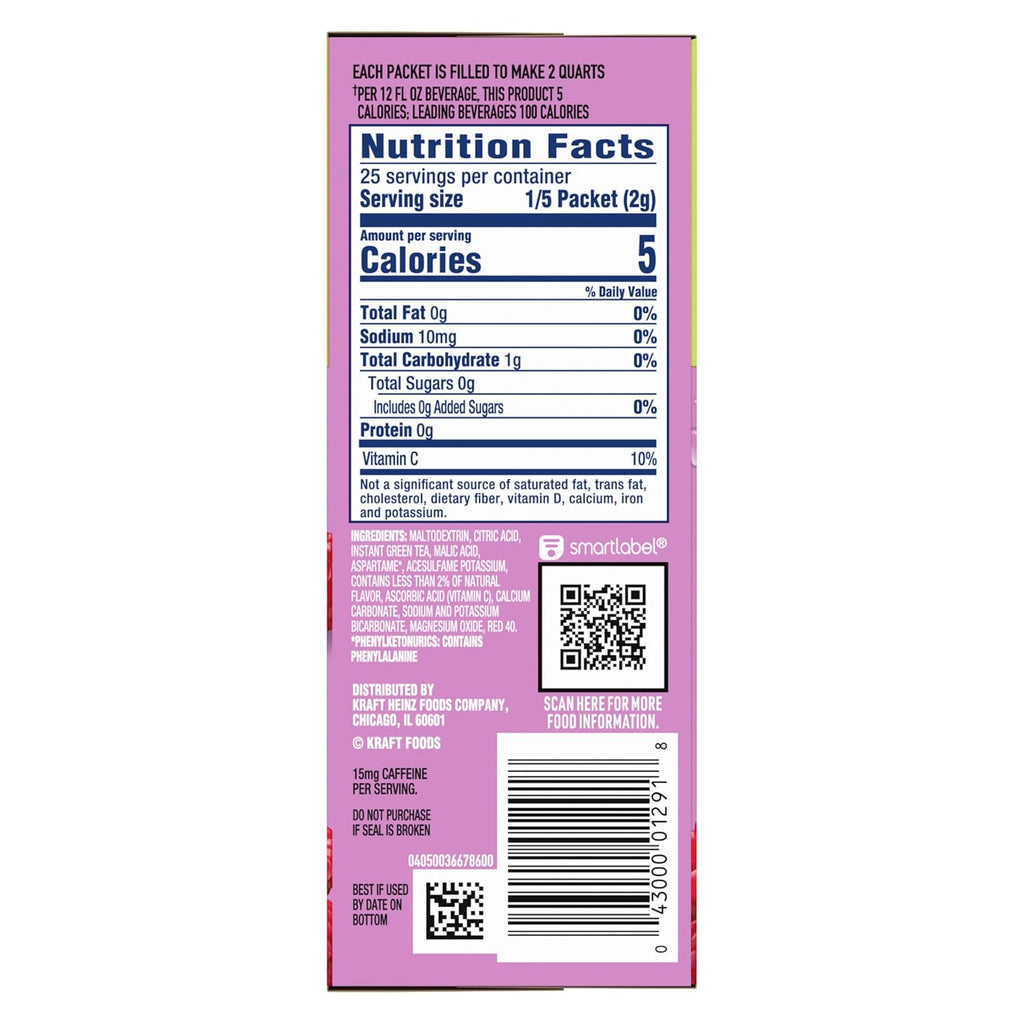 Crystal Light Drink Mix, 60 Pitcher Packets, for Flavorful Hydration and Shareable Refreshment, Naturally Flavored Raspberry Green Tea with other natural flavor, Made with Green Tea, 1.87 oz each