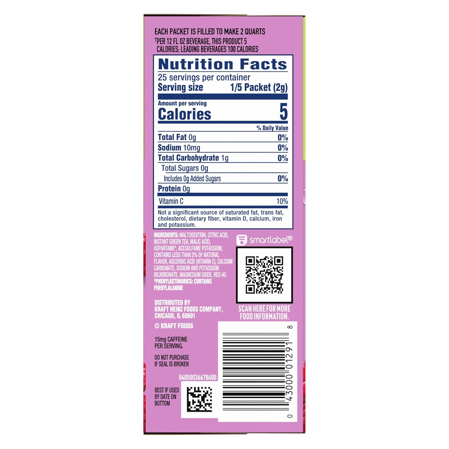 Crystal Light Drink Mix, 60 Pitcher Packets, for Flavorful Hydration and Shareable Refreshment, Naturally Flavored Raspberry Green Tea with other natural flavor, Made with Green Tea, 1.87 oz each