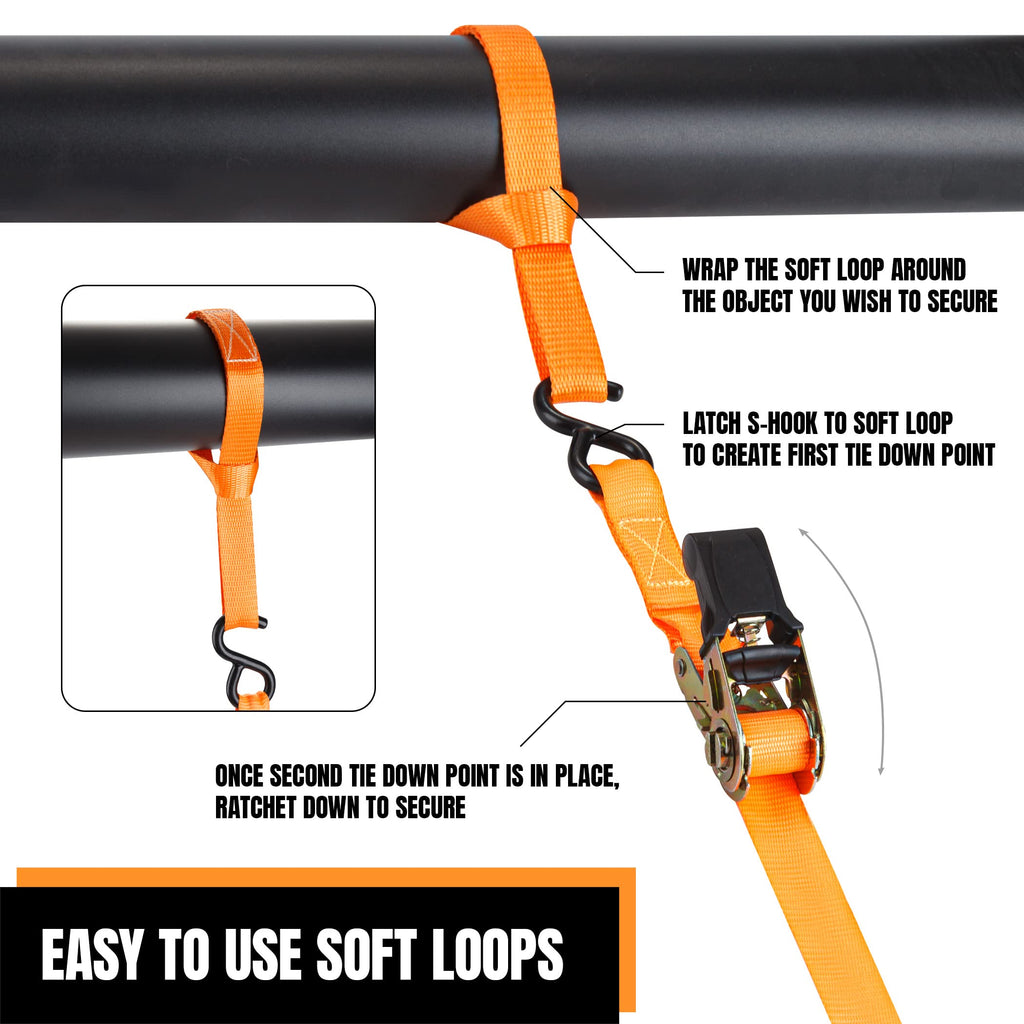 Cartman Ratchet Tie Down, 4Pk 15Ft, 500Lbs Load Cap/ 1500Lbs Break Strength, Cargo Straps for Moving Appliances, Lawn Equipment, Motorcycle in a Truck, with Carry Bag