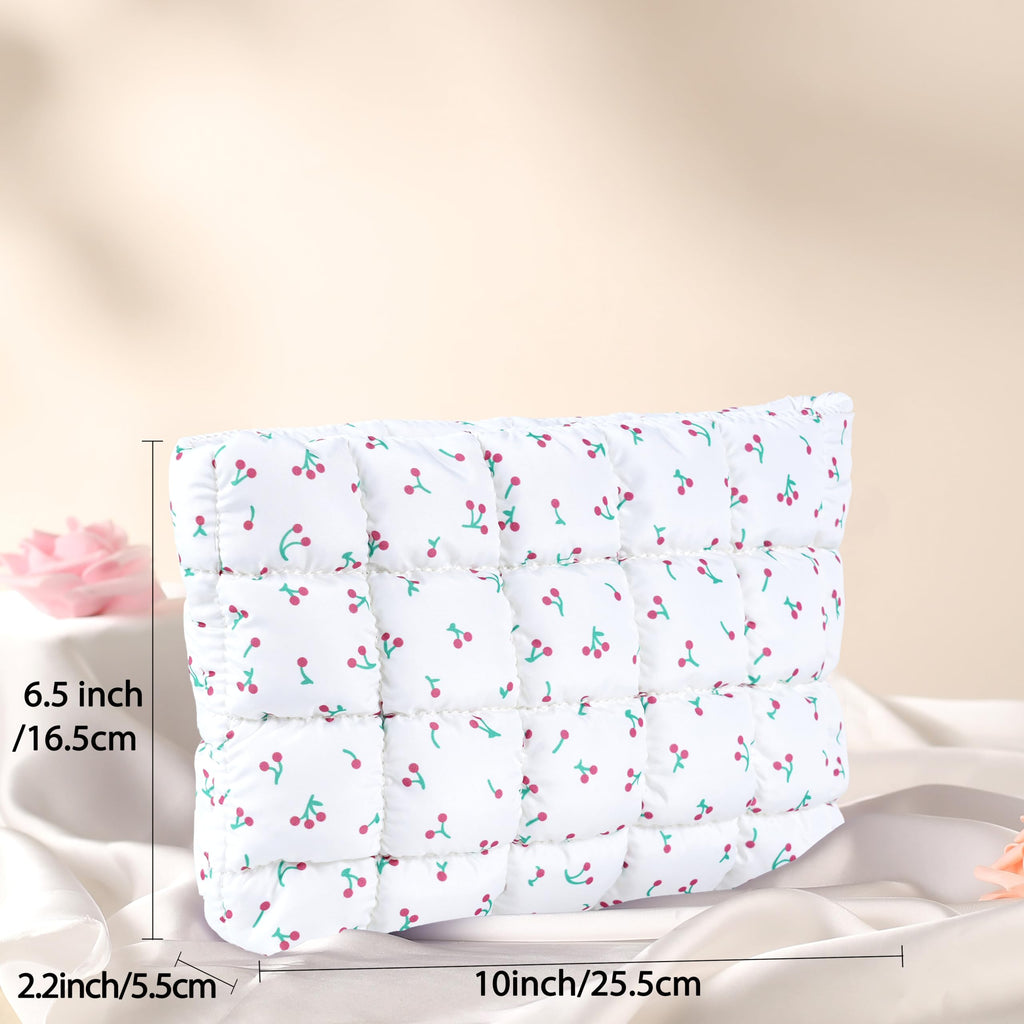 Puffy Quilted Makeup Bag for Women, Cosmetic Bag, Travel Toiletry Organizer Pouch Clutch (Black Flowers)