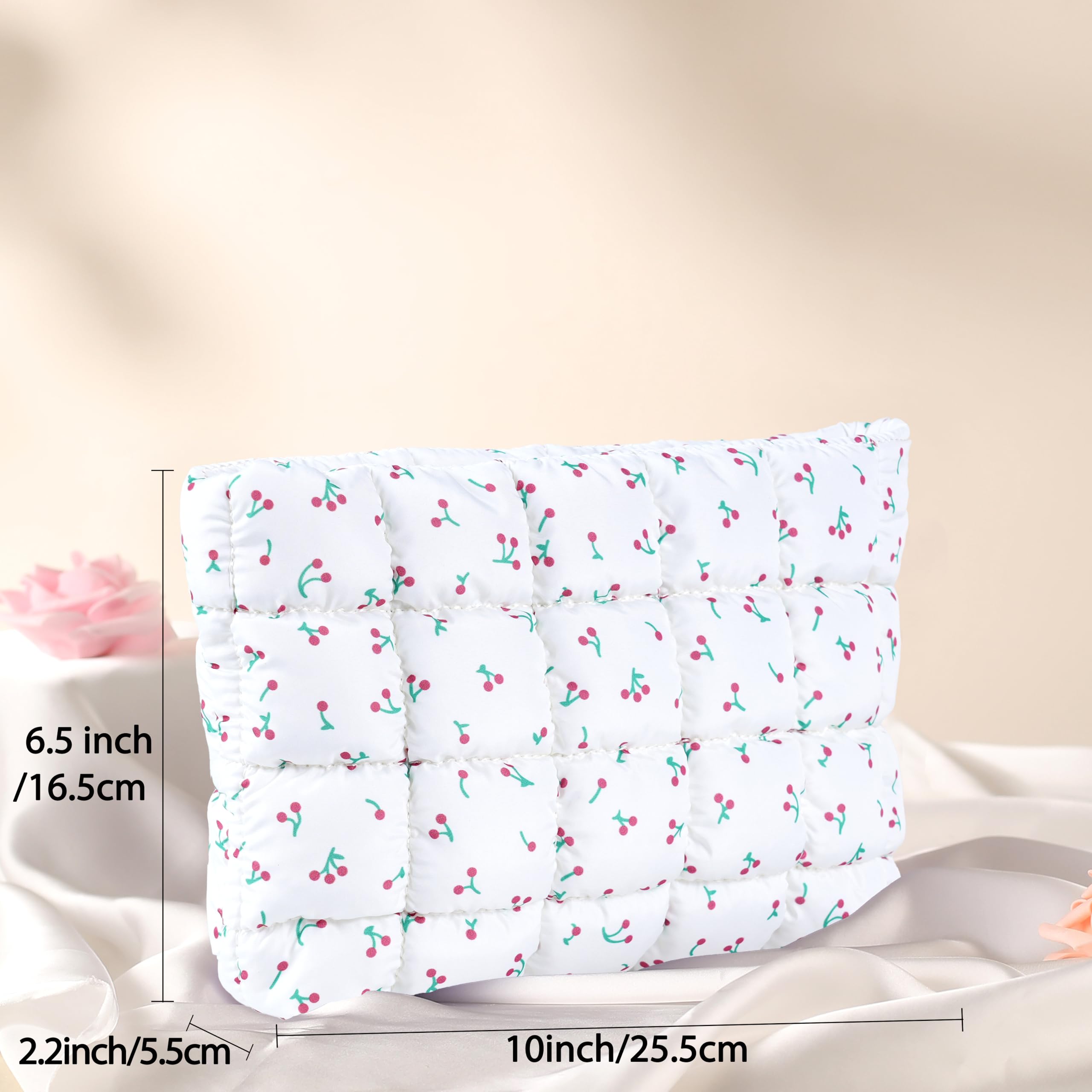 Puffy Quilted Makeup Bag for Women, Cosmetic Bag, Travel Toiletry Organizer Pouch Clutch (Black Flowers)