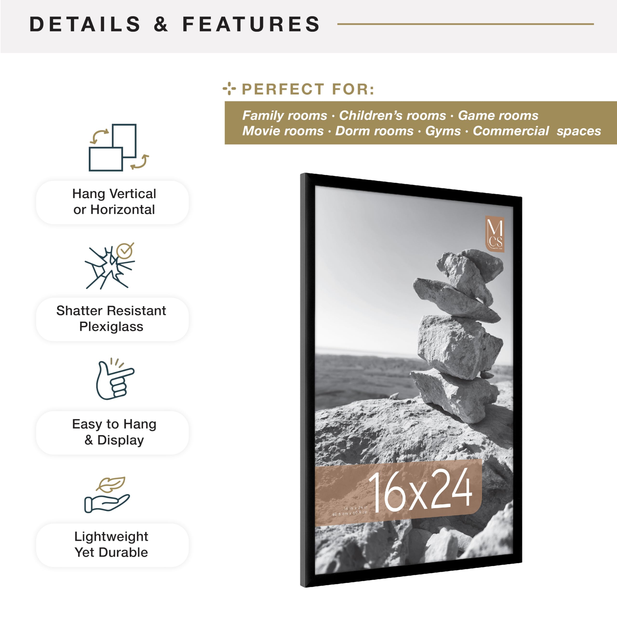 MCS Everline Collection 14x20 Matted Poster Frame with 11x17 Picture Display, Black Vertical & Horizontal Wall Hanging Large Frame for Photos, Posters & Art Prints (1-Pack)