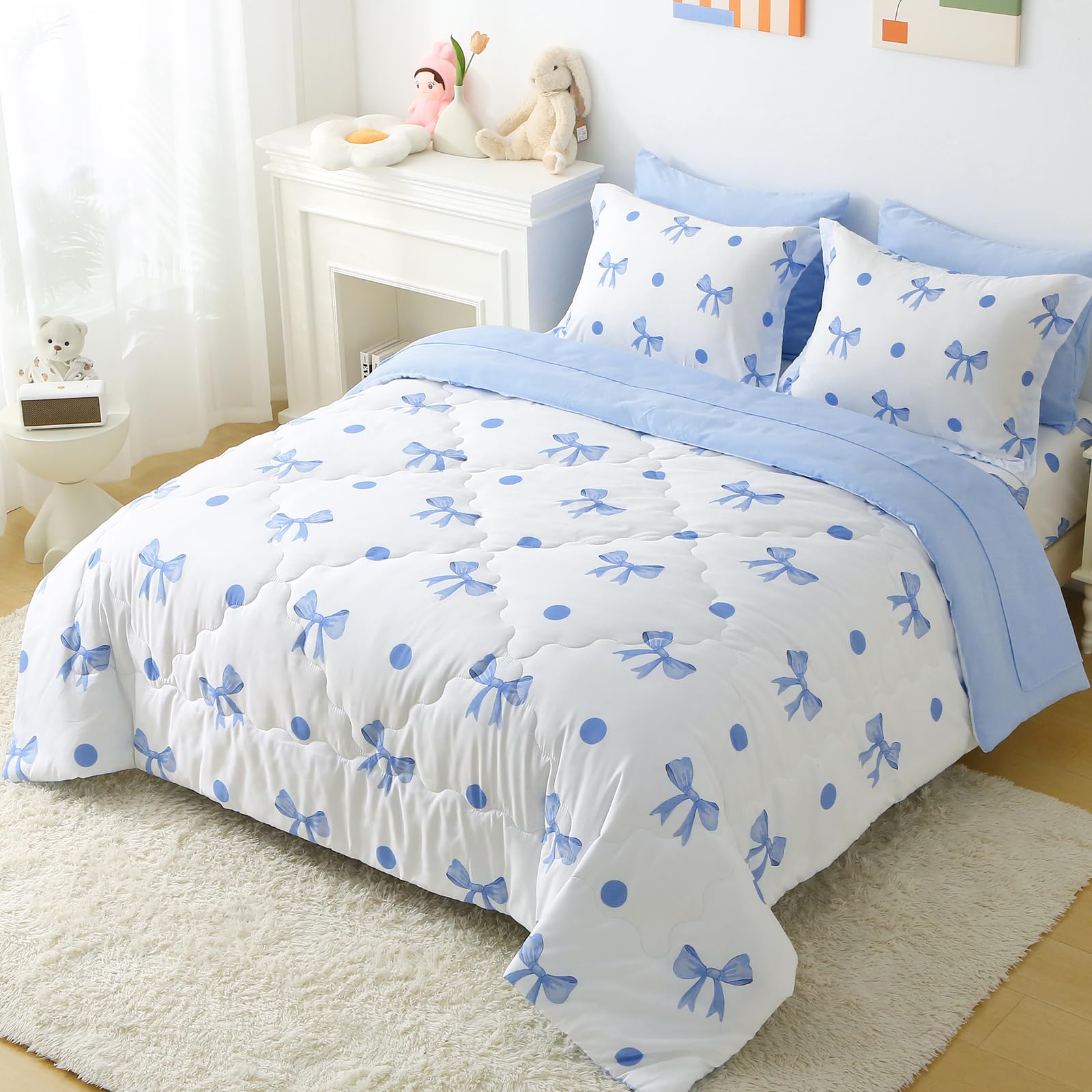 Wajade 7 Piece Blue Bow Comforter Set for Girls Kids Twin Size Bedding Set with Sheet and 2 Pillowcases 2 Pillow Shams Cute Girls Bed in a Bag as Birthday Choice