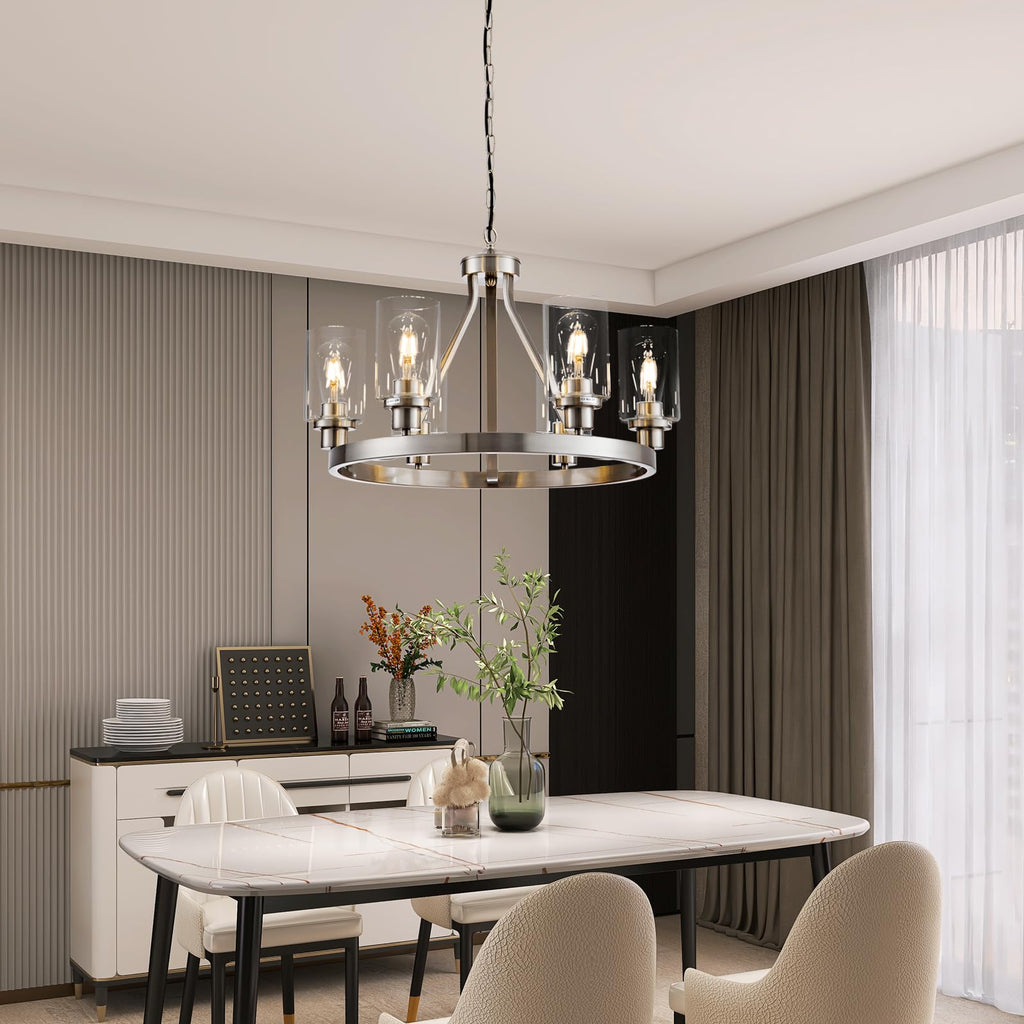 Lanhall 6-Light Modern Dining Room Light Fixture Brushed Nickel Kitchen Chandelier Ceiling Hanging Pendant Lighting with Glass Shade for Living Room Bedroom Entryway Adjustable Height Metal E26
