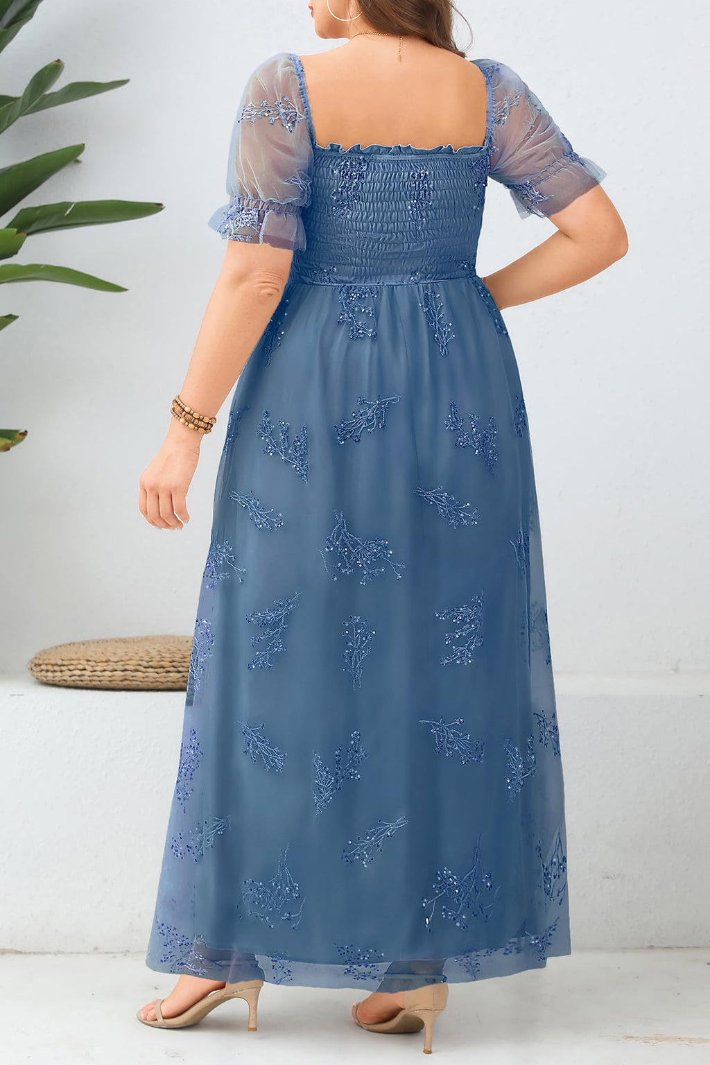 Plus Size Formal Dresses - Bridesmaid Leaf Embroidery with Sequin Tulle Prom Long Dress