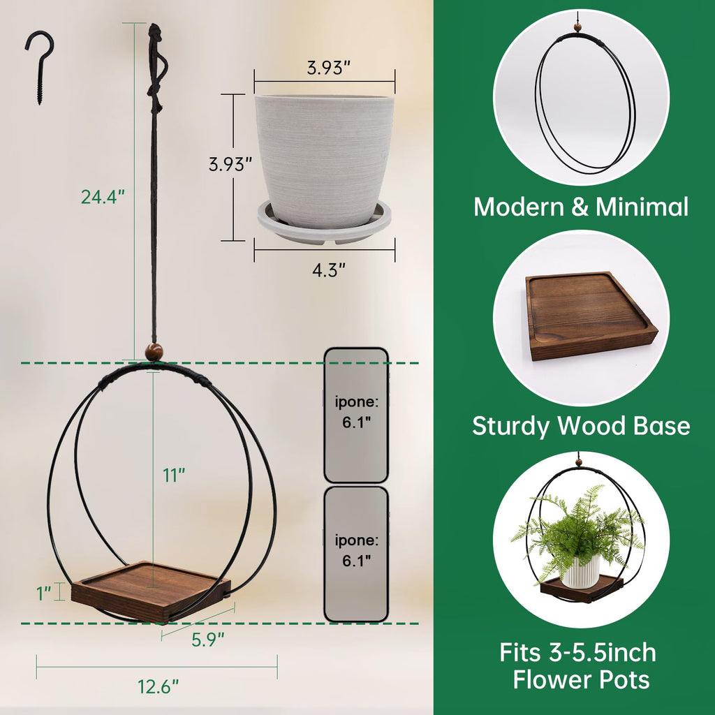Hanging Planter for Indoor Plants, Black Plant Hanger Indoor with Sturdy Wood Base, Modern Boho Macrame Plant Hanger for 3-5.5 Inch Pot, Hanging Wall Ceiling Window Home Decor (Pots Not Included)