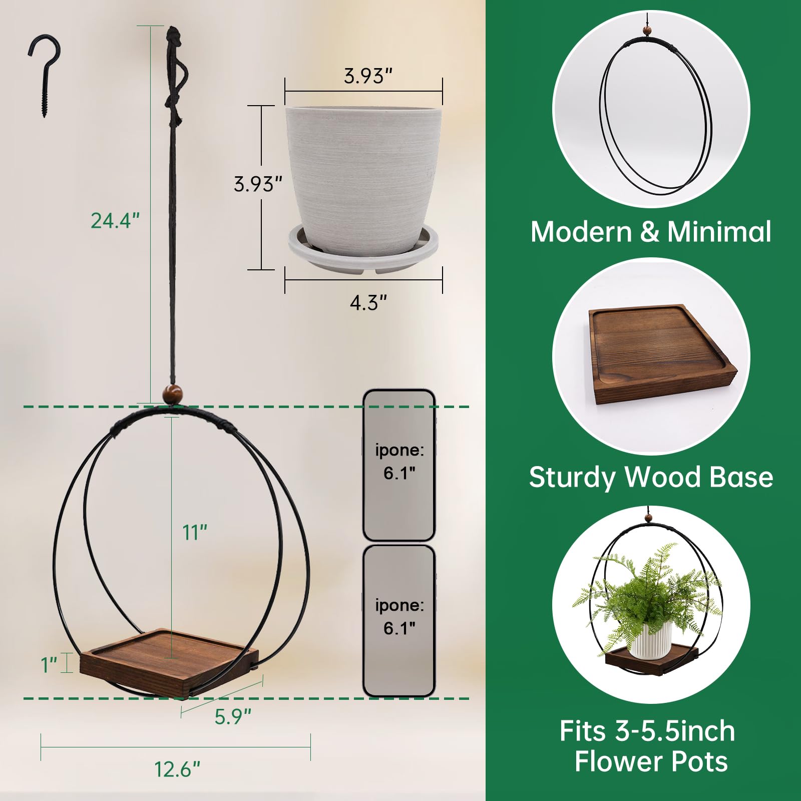 Hanging Planter for Indoor Plants, Black Plant Hanger Indoor with Sturdy Wood Base, Modern Boho Macrame Plant Hanger for 3-5.5 Inch Pot, Hanging Wall Ceiling Window Home Decor (Pots Not Included)