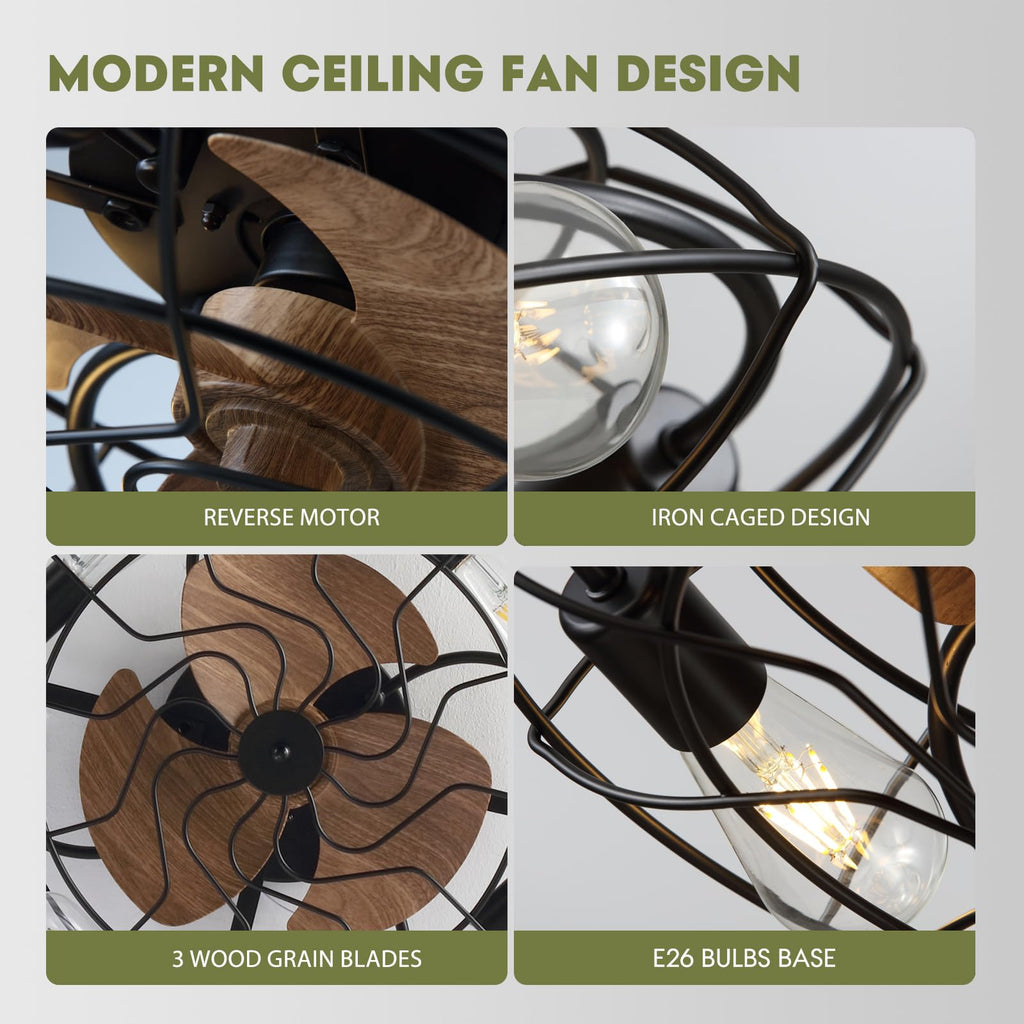 LUDOMIDE Caged Ceiling Fan Light with Remote, 21" Small Flush Ceiling Light with 3 Enclosed Blades and 6 Wind Speeds for Bedroom, Living Room