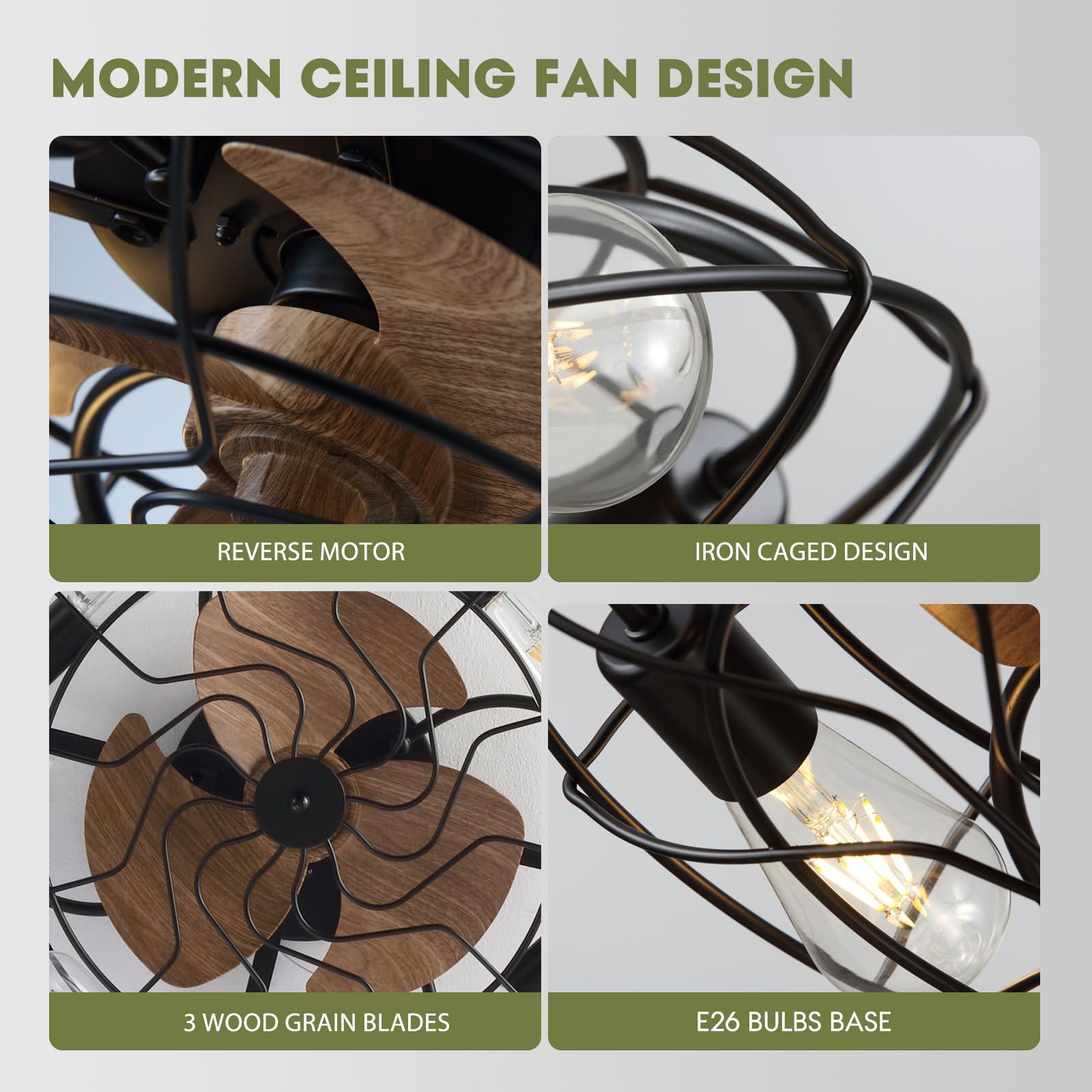 LUDOMIDE Caged Ceiling Fan Light with Remote, 21" Small Flush Ceiling Light with 3 Enclosed Blades and 6 Wind Speeds for Bedroom, Living Room