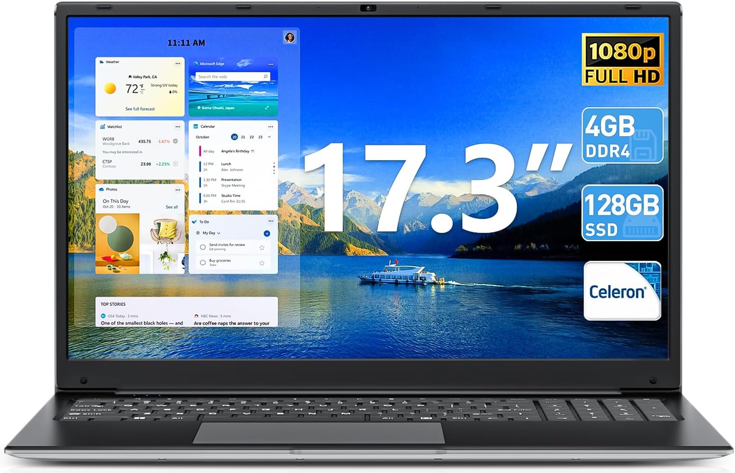 Laptops, 17.3 Inch Laptop Computer with Core i3 Processor, 4GB DDR3 128GB SSD, 60800mWh Battery, FHD IPS Display, Type-C, HDMI, 5G WiFi, BT4.2, Webcam, USB3.2