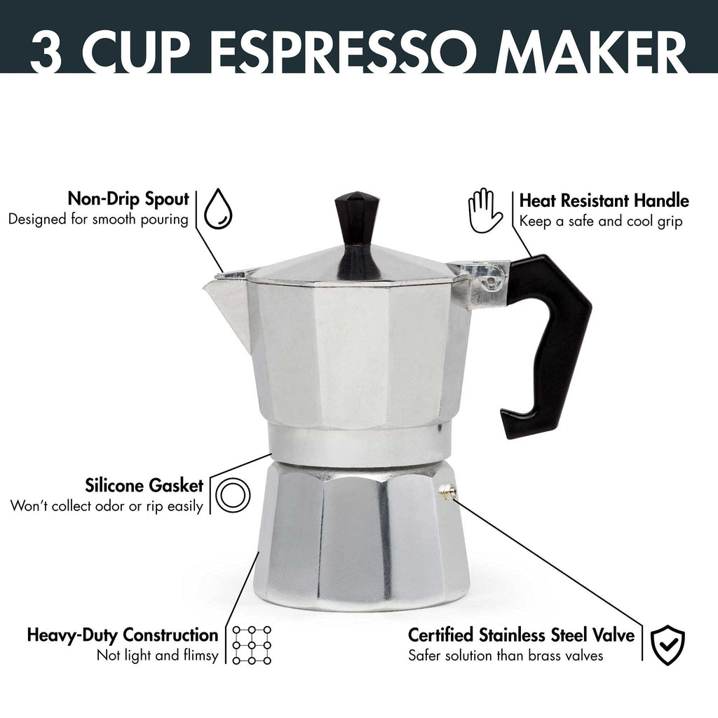Primula Classic Moka Pot Stovetop Espresso and Coffee Maker, Italian and Cuban Cafetera for Rich Espresso Brewing, Durable Aluminum Greca Coffee Maker with Easy Grip Handle, 6-Cup, Black
