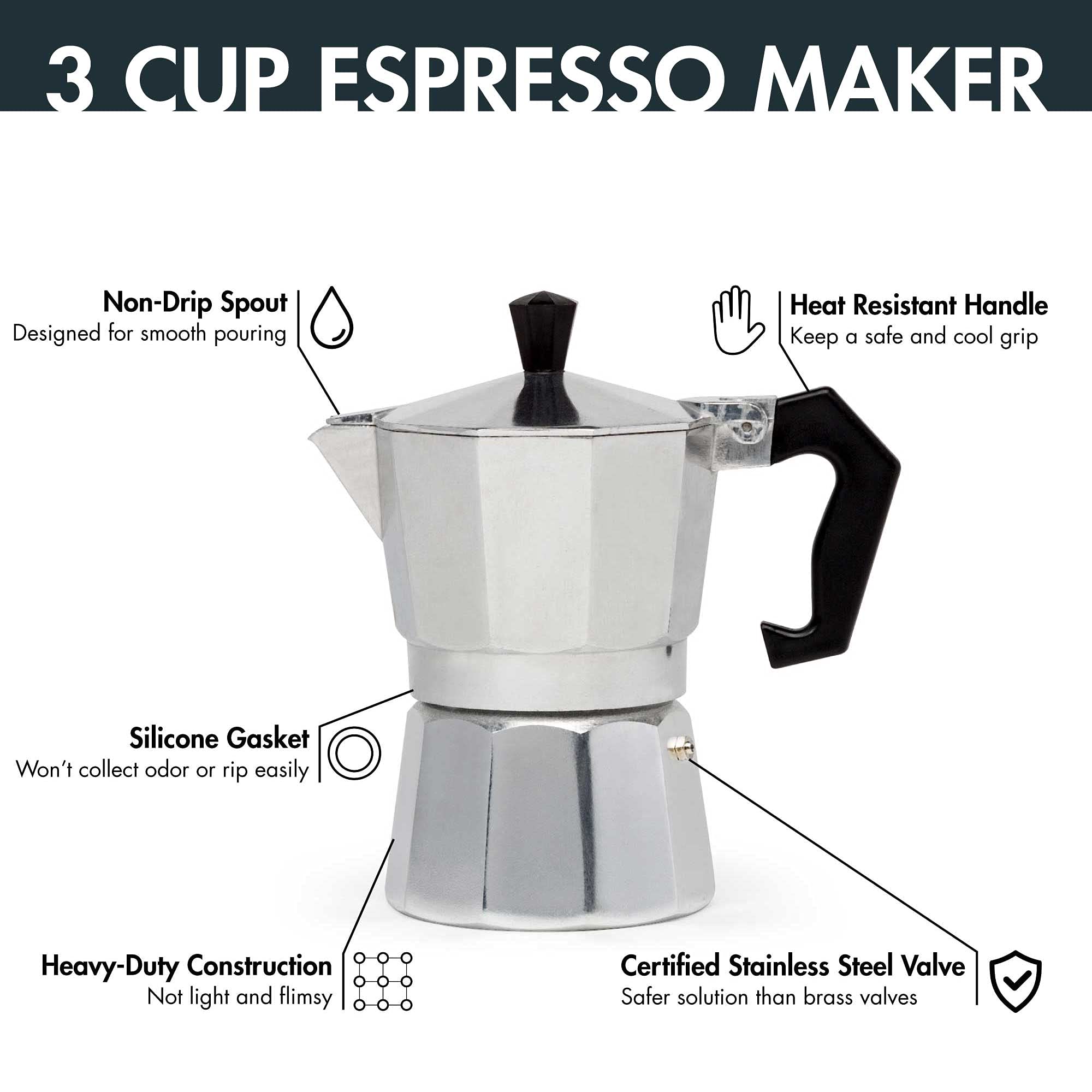 Primula Classic Moka Pot Stovetop Espresso and Coffee Maker, Italian and Cuban Cafetera for Rich Espresso Brewing, Durable Aluminum Greca Coffee Maker with Easy Grip Handle, 6-Cup, Black