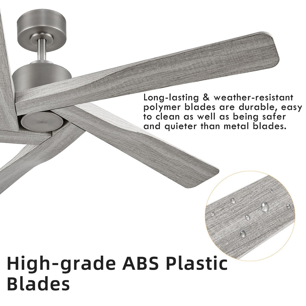 WINGBO 54" ABS DC Ceiling Fan No Light, 5 Blade Wood Grain ABS Ceiling Fan with Remote, 6-Speed Reversible DC Motor, Ceiling Fans without Light for Kitchen Bedroom Living Room, Antique Nickel and Grey