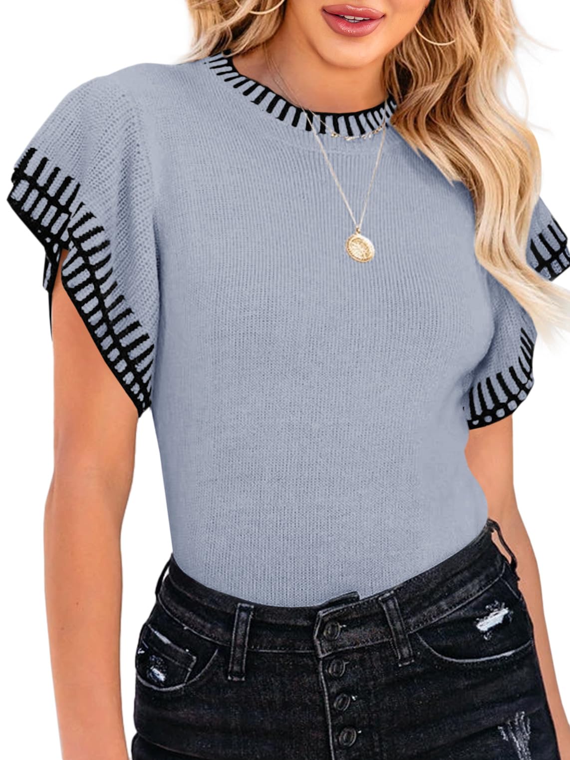 Saodimallsu Womens Short Sleeve Sweaters Tops Summer Ruffle Striped Loose Crew Neck Lightweight Soft Shirts Knit Sweater