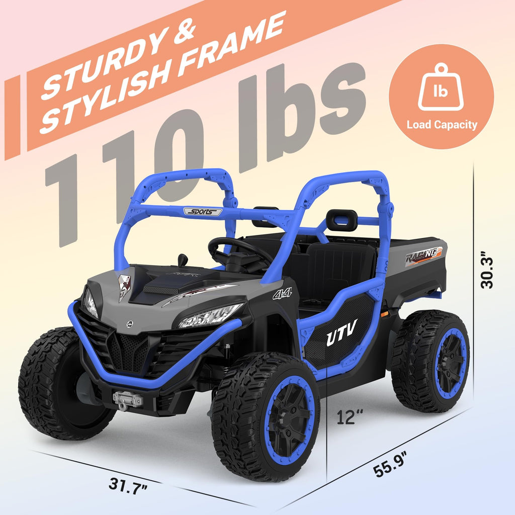 ANPABO 24V 2 Seater Ride On Dump Truck, 4x75W, Max 5 Mph, EVA Tire, Kids Electric Car with Electric Dump Bed, Shovel, Music, Ride on Toy for Big Kids w/Parent Remote Control for Ages 3-8, Blue
