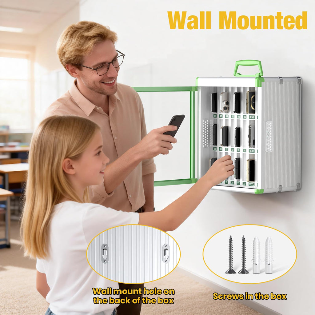 Glosen Cell Phone Locker 24 Slots, Portable Phone Storage Cabinet [Wall Mounted] [Silver 24 Slots-Universal Key ] Aluminum Alloy Cellphone Lock Box with Key & Handle for School Classroom Office Exam