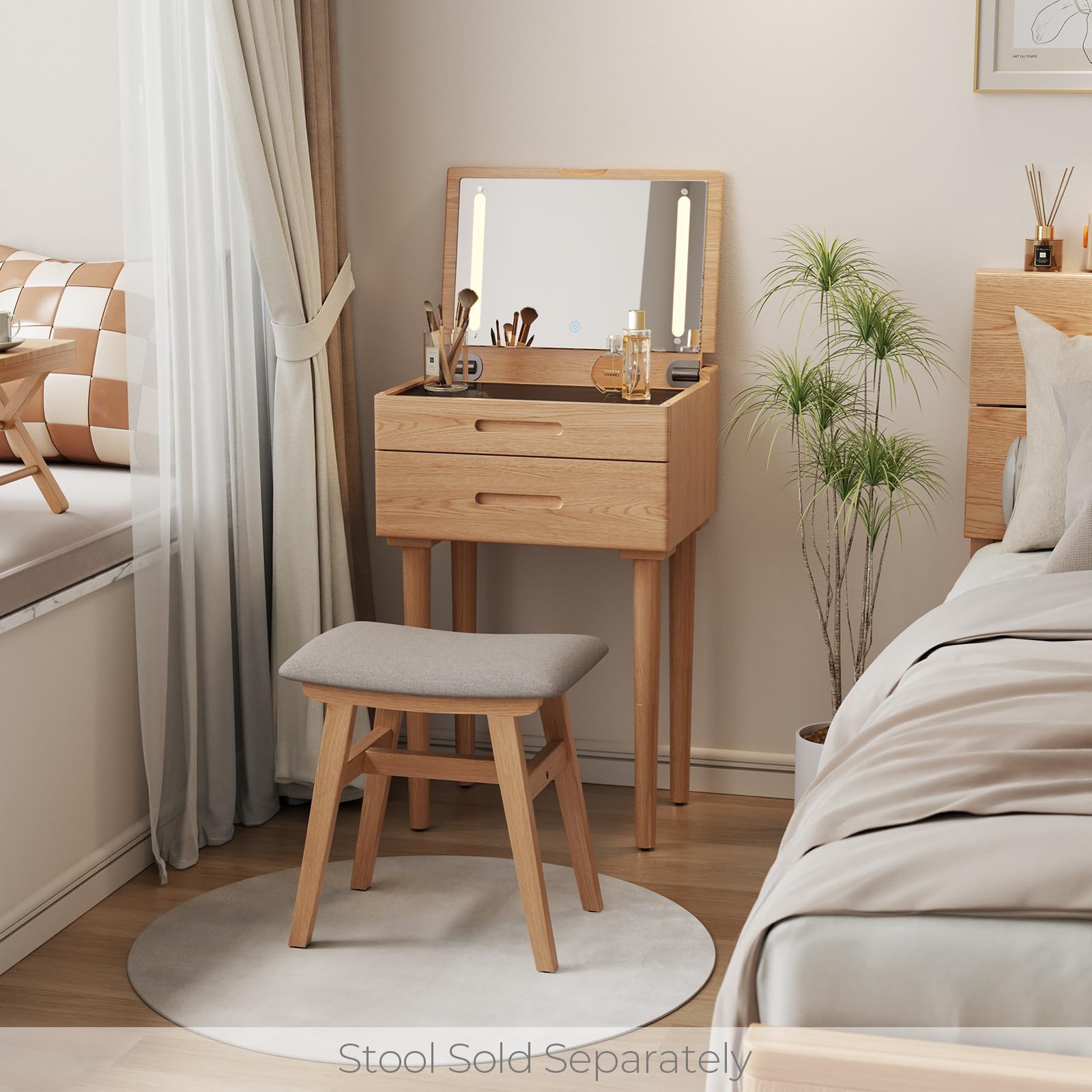 Muwuele Solid Wood Small Vanity Desk with Mirror and Lights, Narrow Makeup Vanity for Small Space, Flip Top Vanity Side Table, 3 Color Modes & Adjustable Brightness, 19.6" Slim Dressing Table, Black