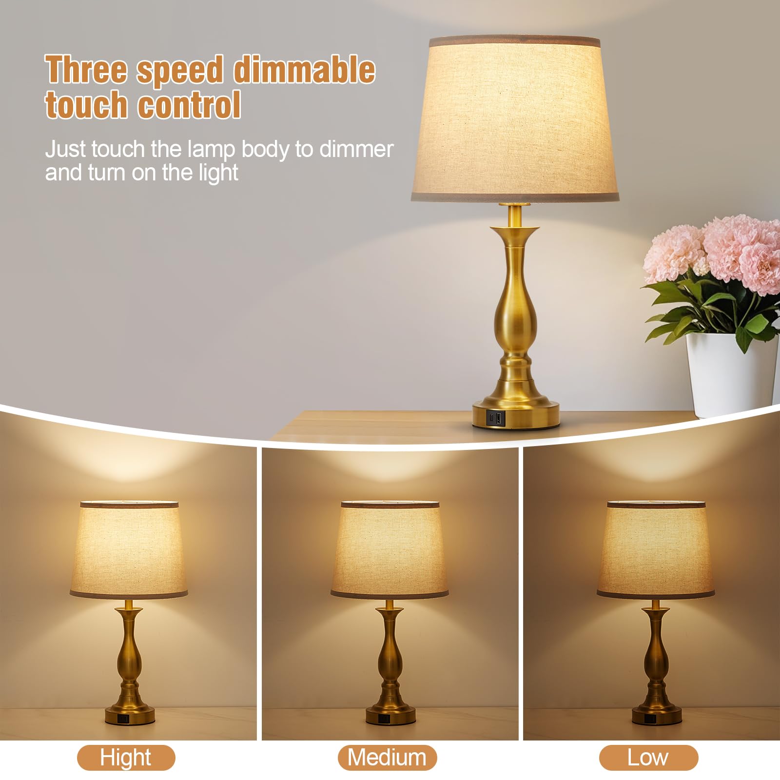 Bedside Table Lamp Touch Control Bedroom Lamps with USB A and C Charging Port 3 Way Dimmable Touch Lamps for Nightstand Living Room Bedroom Dorm Home Office Reading, Set of 2