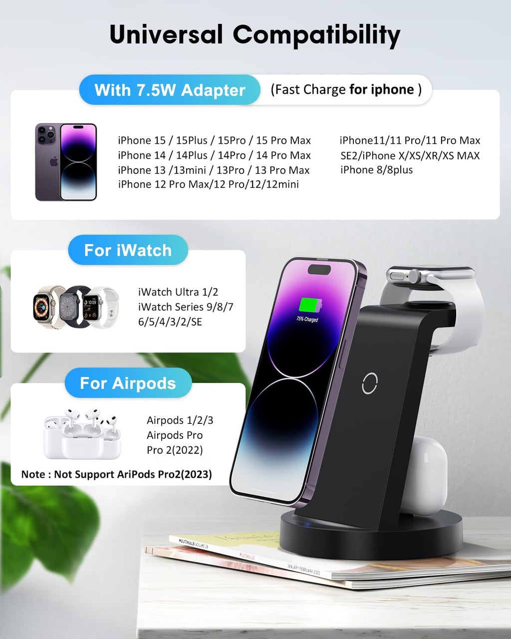 3 in 1 Charging Station for Apple Device, Wireless Charger for iPhone 17 16e 16 15 14 13 12 11 Pro Max & Apple Watch iWatch - Charging Stand Dock for AirPods