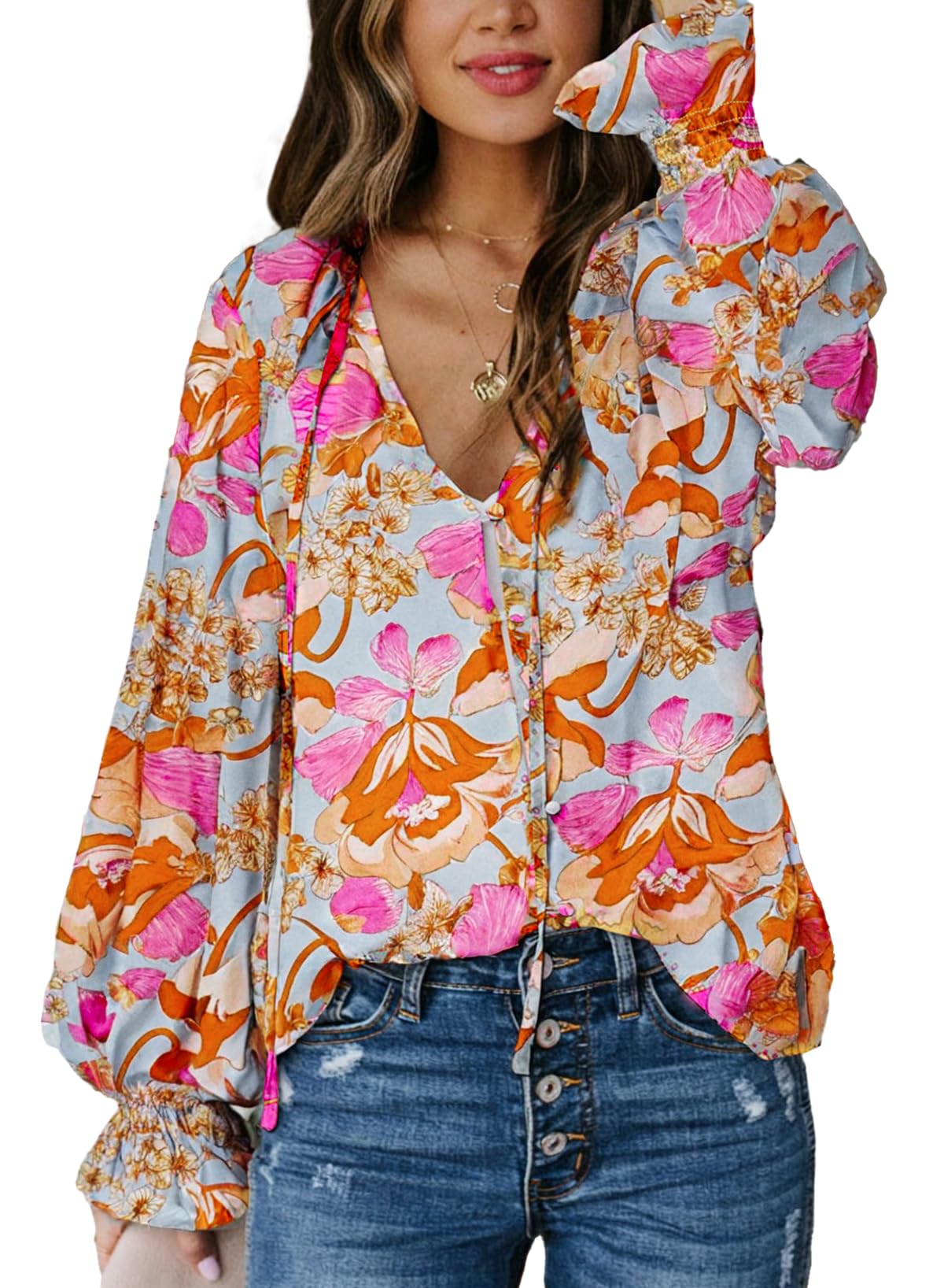 Biucly Women's Casual Boho Floral Print V Neck Long Sleeve Drawstring Tops Loose Blouses Button Down Shirts